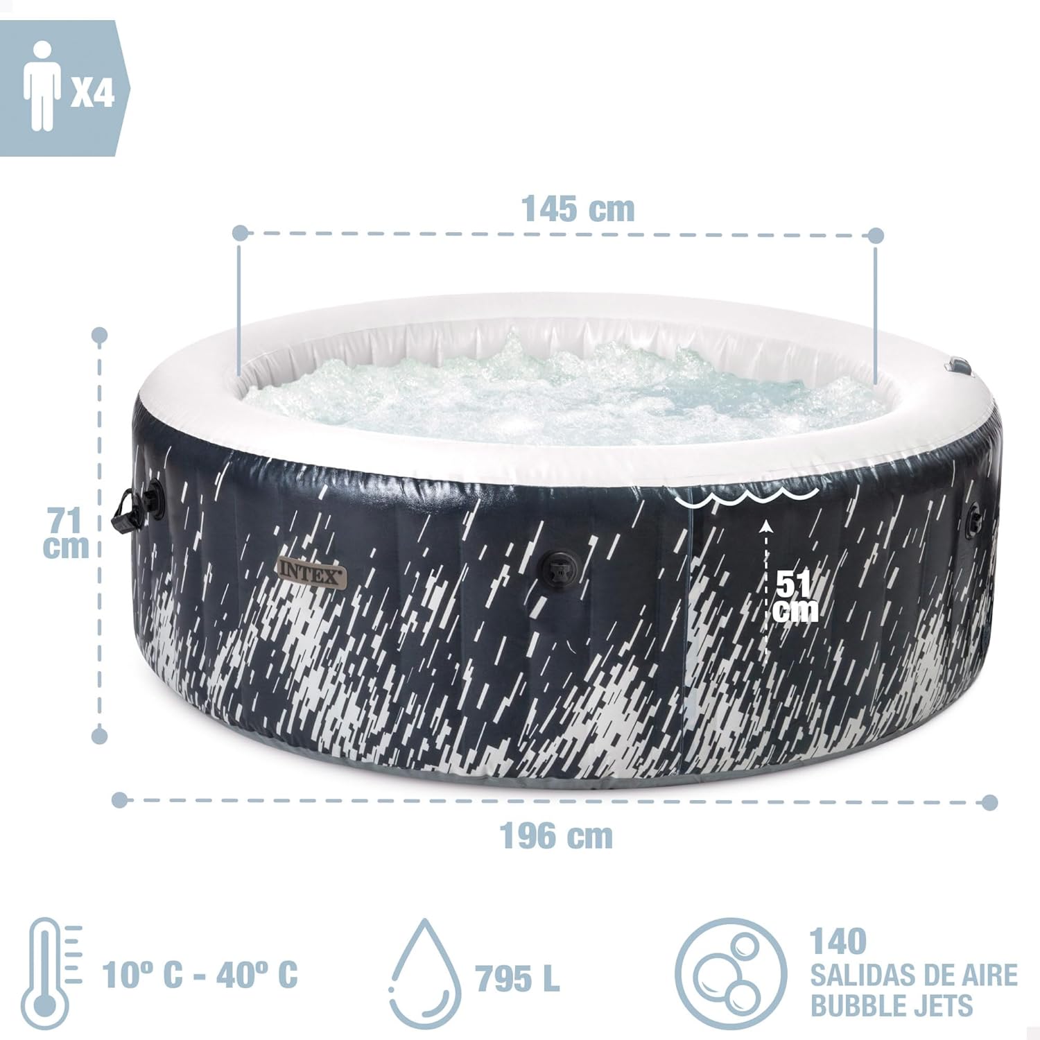 Intex - PureSpa Bubble Glow Deluxe - 196x71cm - 4 places, 140 jets, LED multicolore - 28494NP
