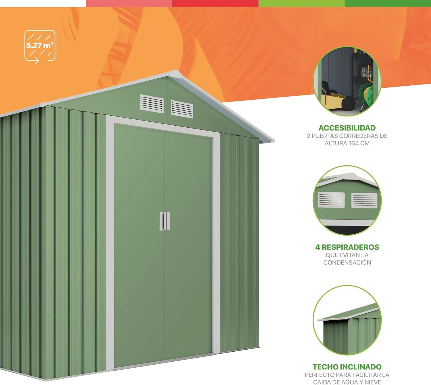 Wasabi - Abri de jardin Light Green 5,27m² double porte, toit double pente, 261x202x202cm