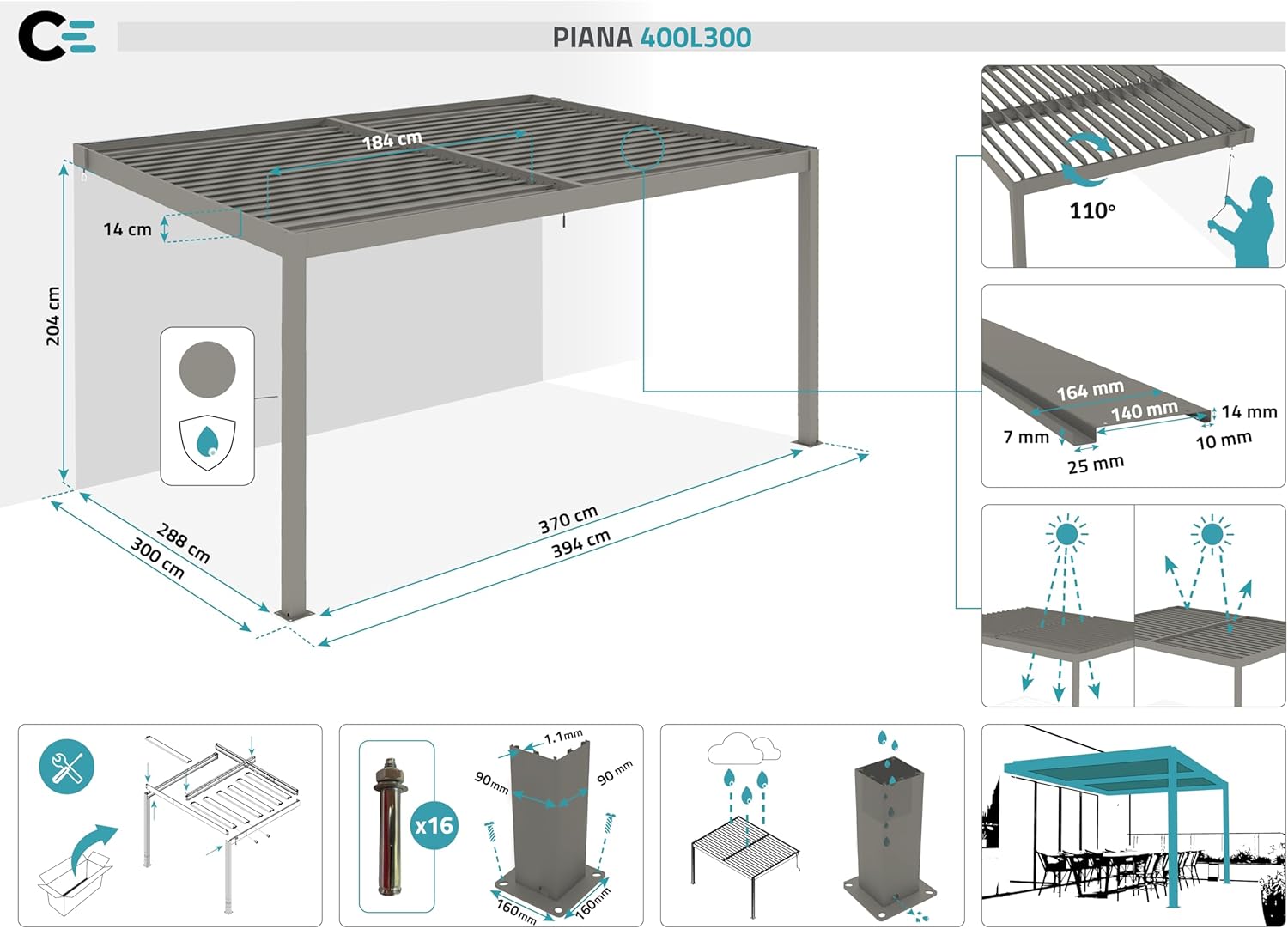CAZEBOO - Piana - 4x3m - Pergola alu bioclimatique, lames orientables, résistance vent 70km/h