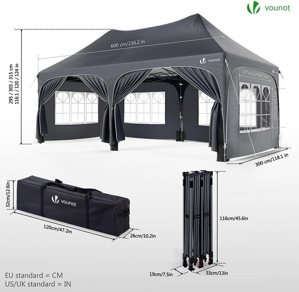 VOUNOT - Barnum pliant 3x6m - 6 parois amovibles, sacs de sable, imperméable, anti-UV, gris