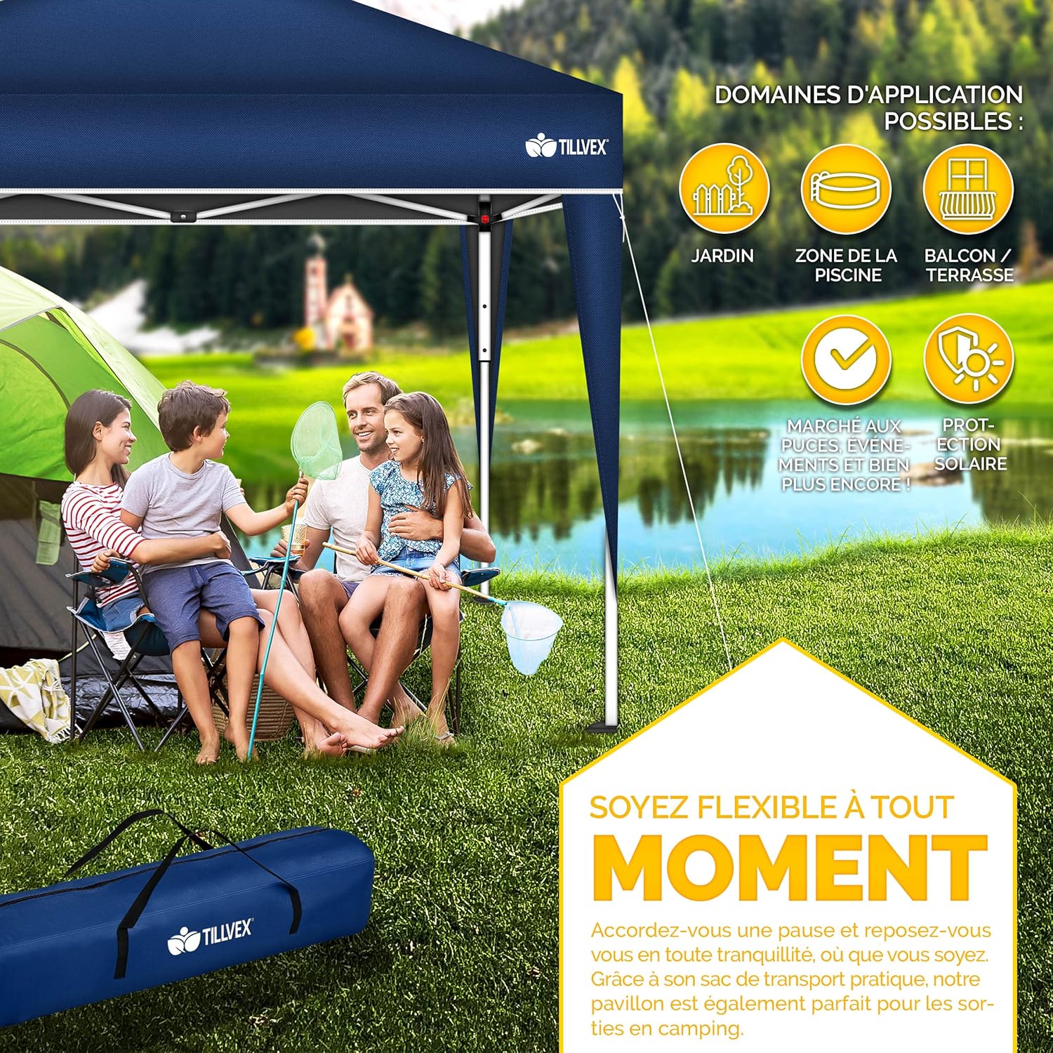 tillvex Tonnelle de Jardin 3 x 3 m Pliable | Tente Pliante à Hauteur réglable | Auvent pour Camping, Festival, Plage | Protection UV 50+ | Chapiteau avec Sac