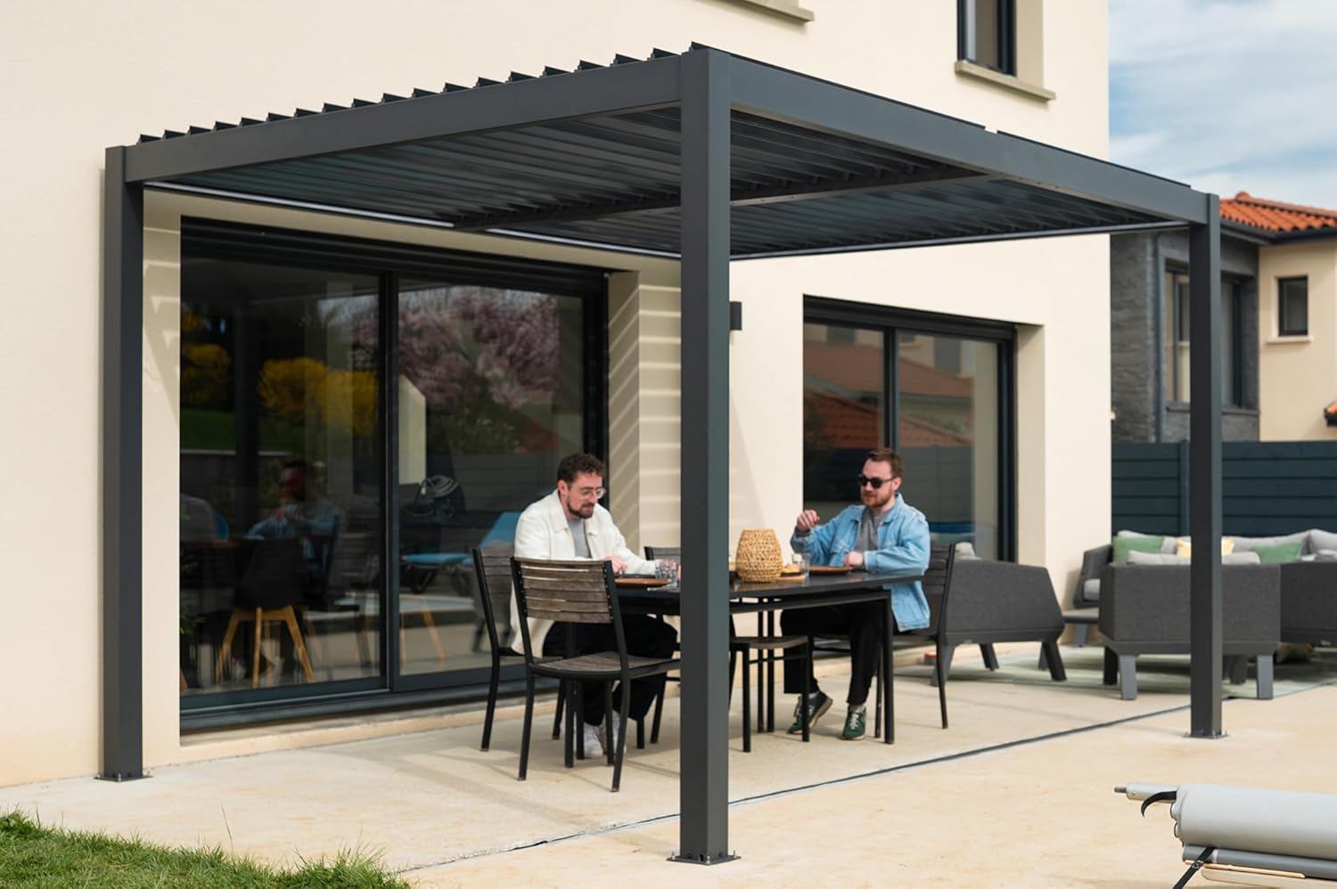 Cazeboo - Pergola bioclimatique motorisée série Agosta - 4x3m - LED, aluminium gris, H 250cm