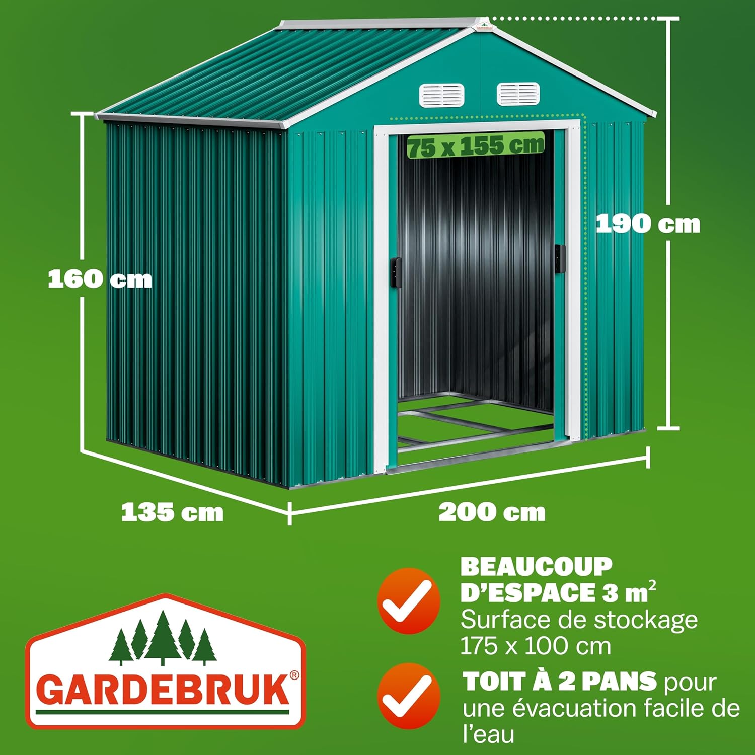 GARDEBRUK - Abri de Jardin XL 2m², 200x135x190cm, porte coulissante, vert