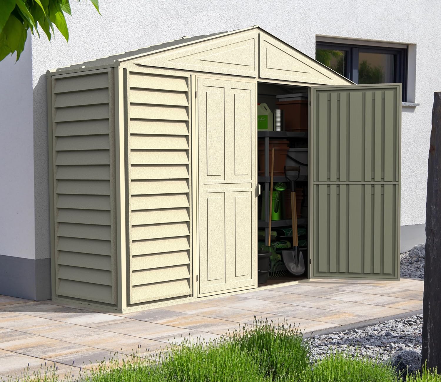 Duramax SidePro 10 x 3 (2.6 m²) Abri de jardin en plastique avec kit de fondation en métal, structure de toit en métal robuste, abri en vinyle sans entretien - Ivoire