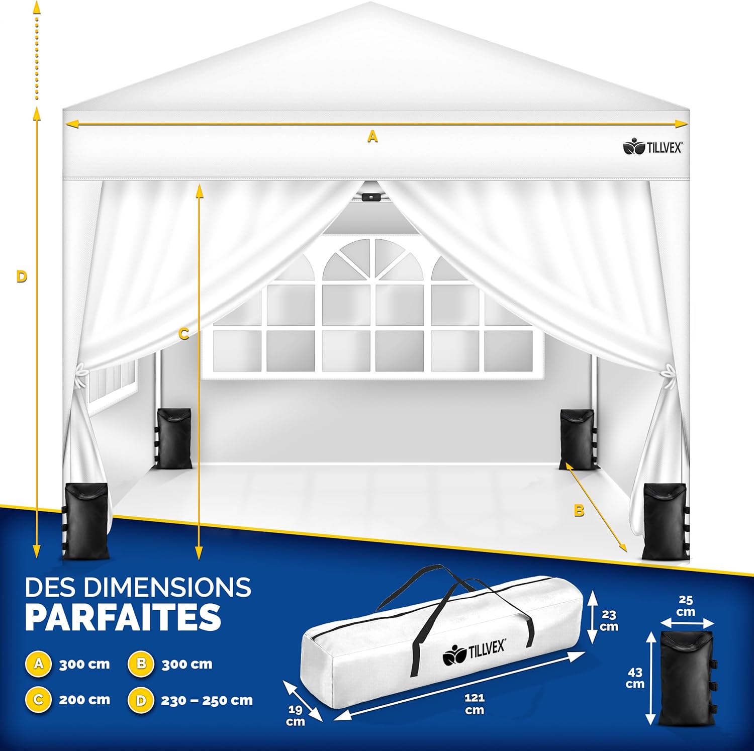 tillvex Tonnelle de Jardin 3 x 3 m Pliable avec 4 côtés | Tente de Jardin Pliante réglable en Hauteur | Auvent Pliant pour Camping, Festival, Plage, Jardin | Protection UV 50+ + Sac de Jardin