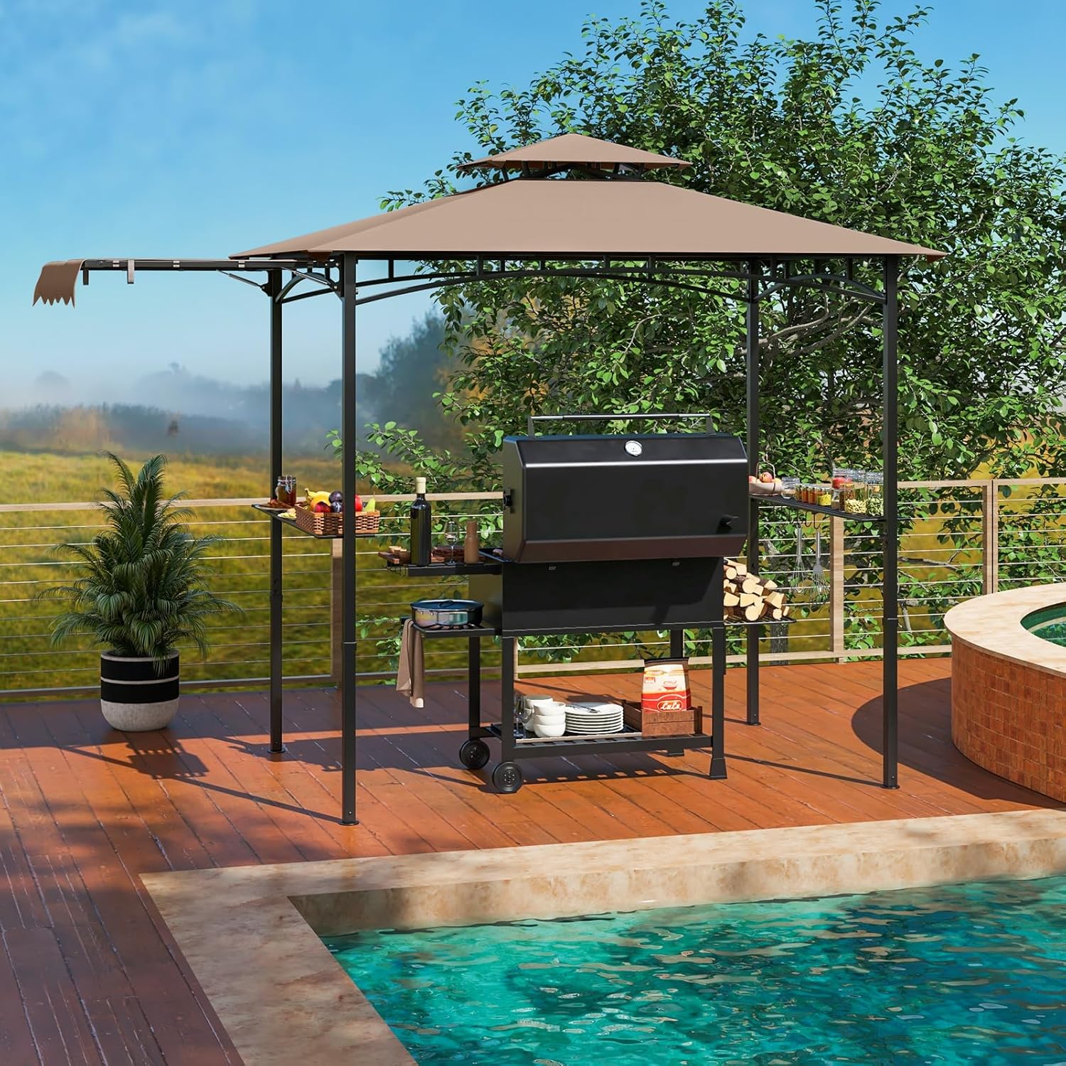 GOPLUS Tonnelle pour Barbecue avec Auvent Latéral, Abri Barbecue Extérieur avec Dessus à 2 Niveaux, Crochets, Décapsuleur, Dessus Souple, pour Jardin, Cour (242+84x153x250CM|Brun)