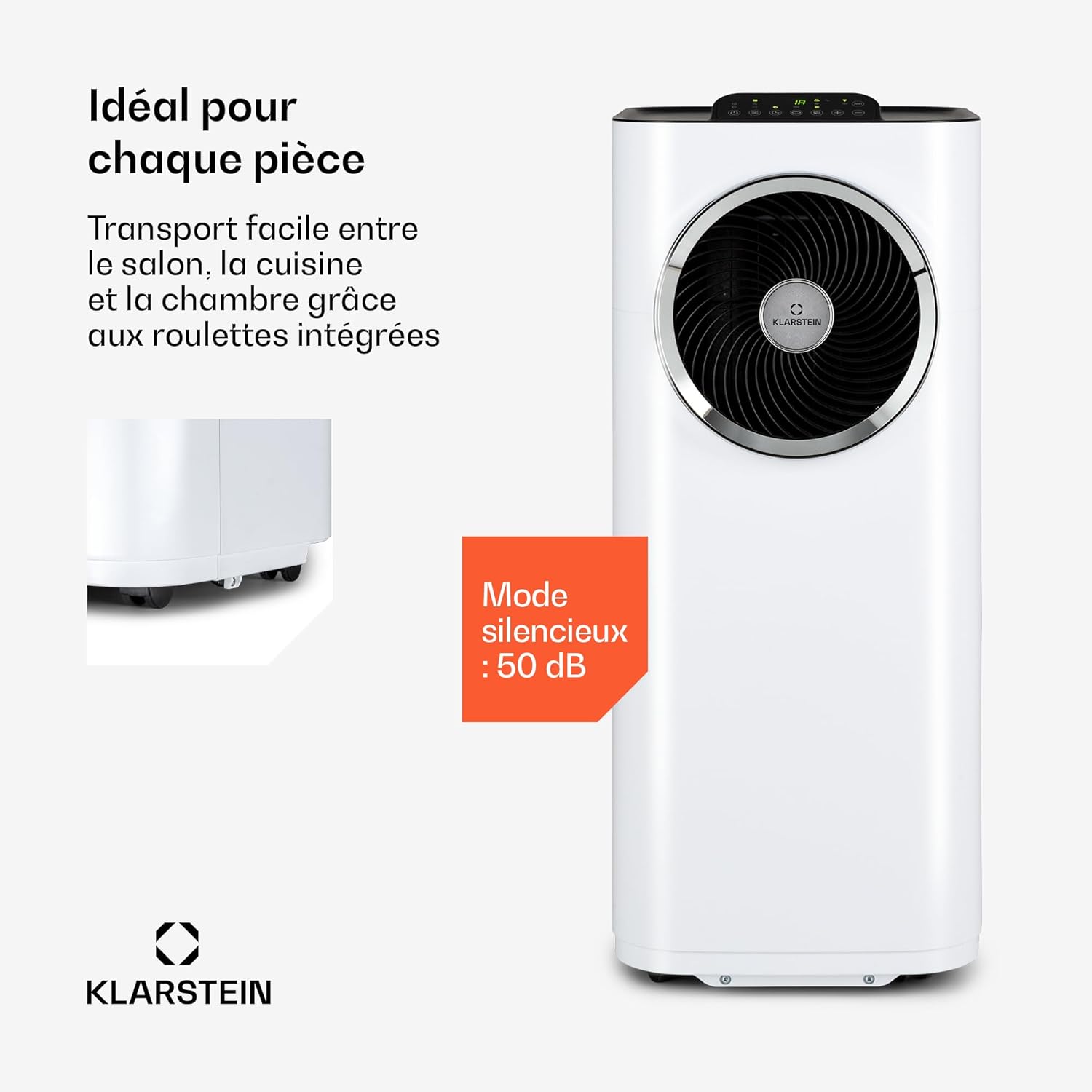 Klarstein Kraftwerk Eco Smart 11 Climatiseur Mobile - 11,500 BTU, 35-59 m², WiFi & App Control, 3-en-1 Refroidissement, Ventilateur & Déshumidificateur, Silencieux 50 dB, Classe A+, Blanc