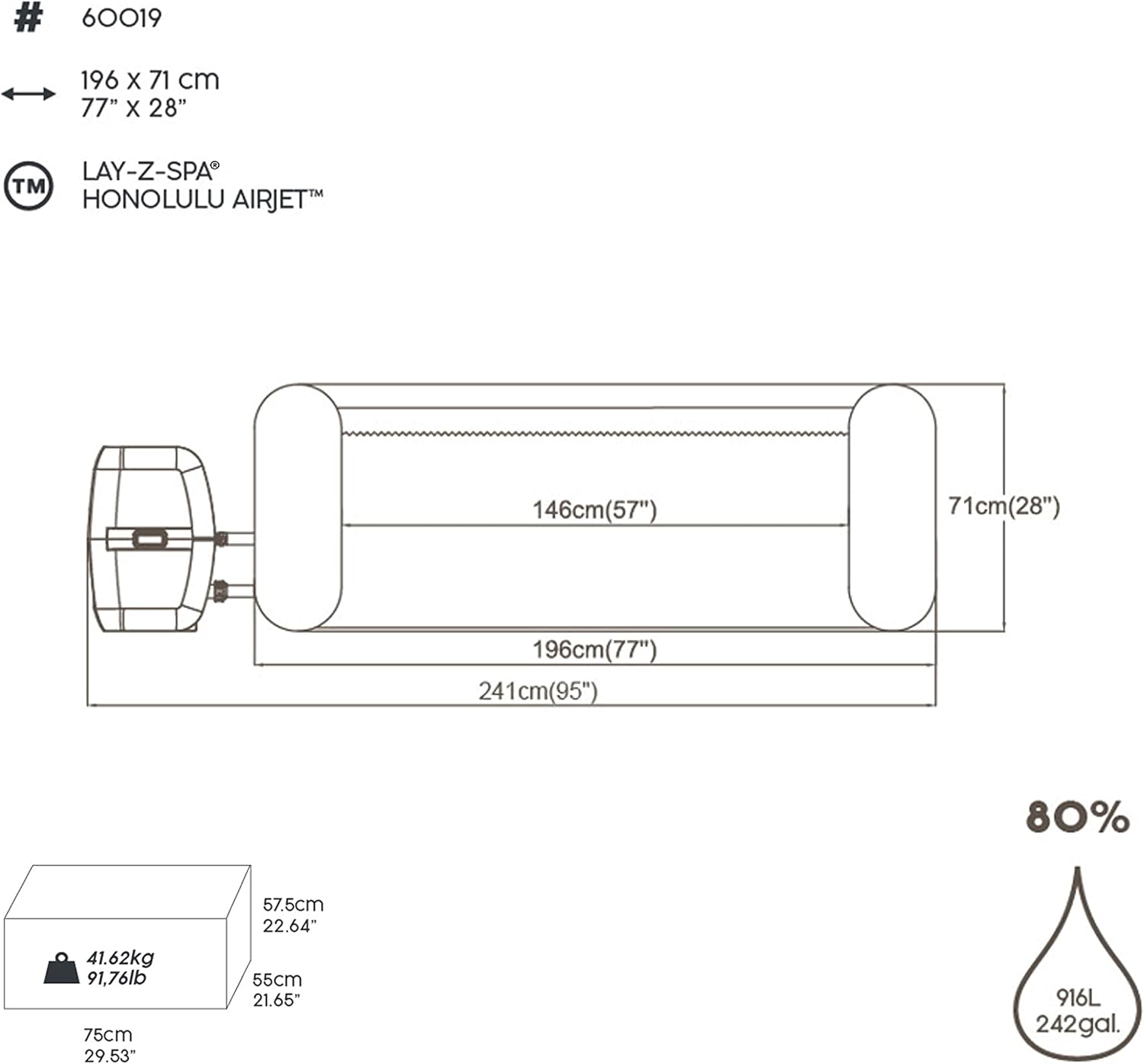 Bestway - LAY-Z-SPA® Honolulu - 196x71 cm - 4-6 pers, Airjet