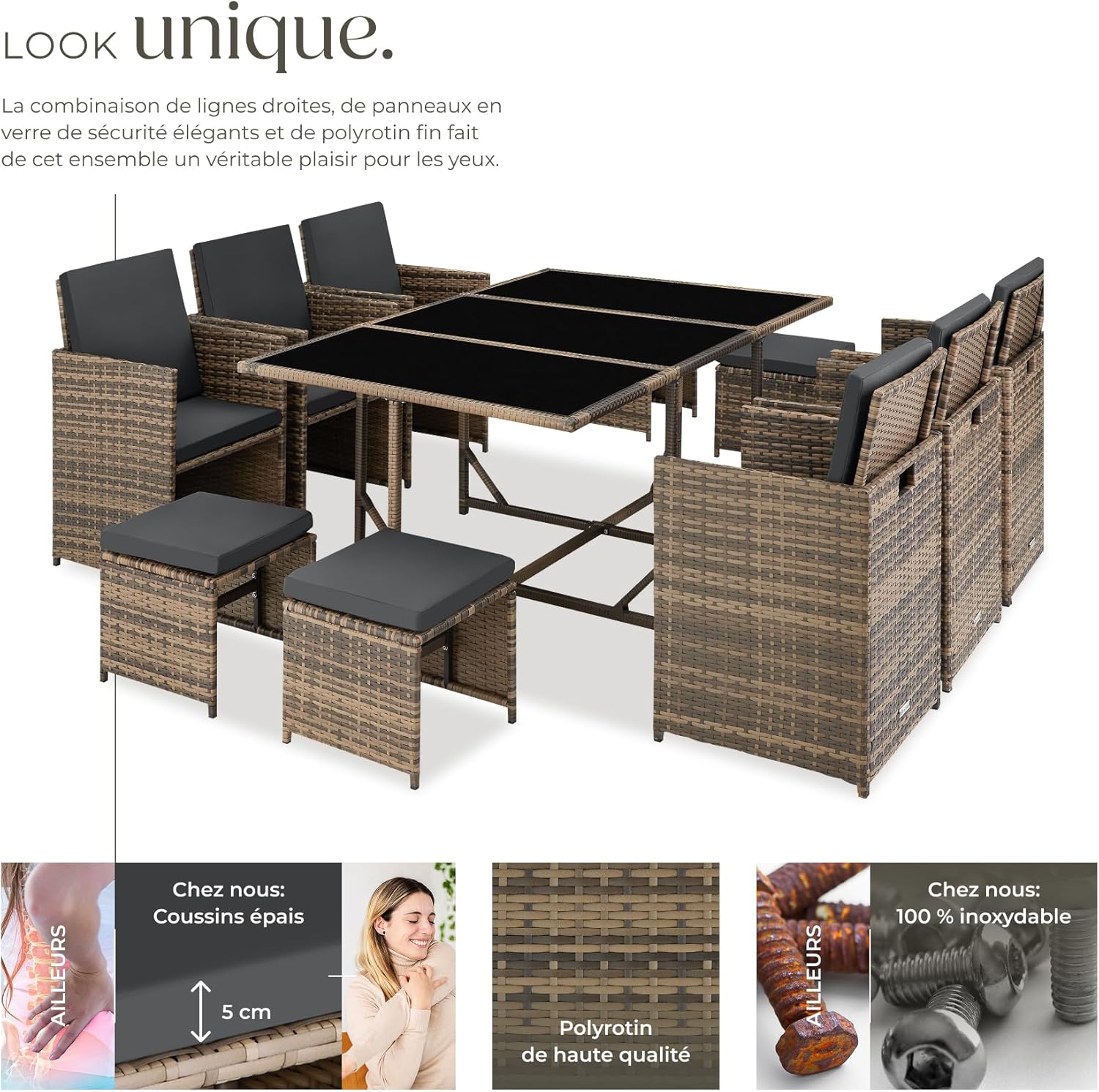tectake - salon de jardin poly rotin 10 pers., housse, entretien facile