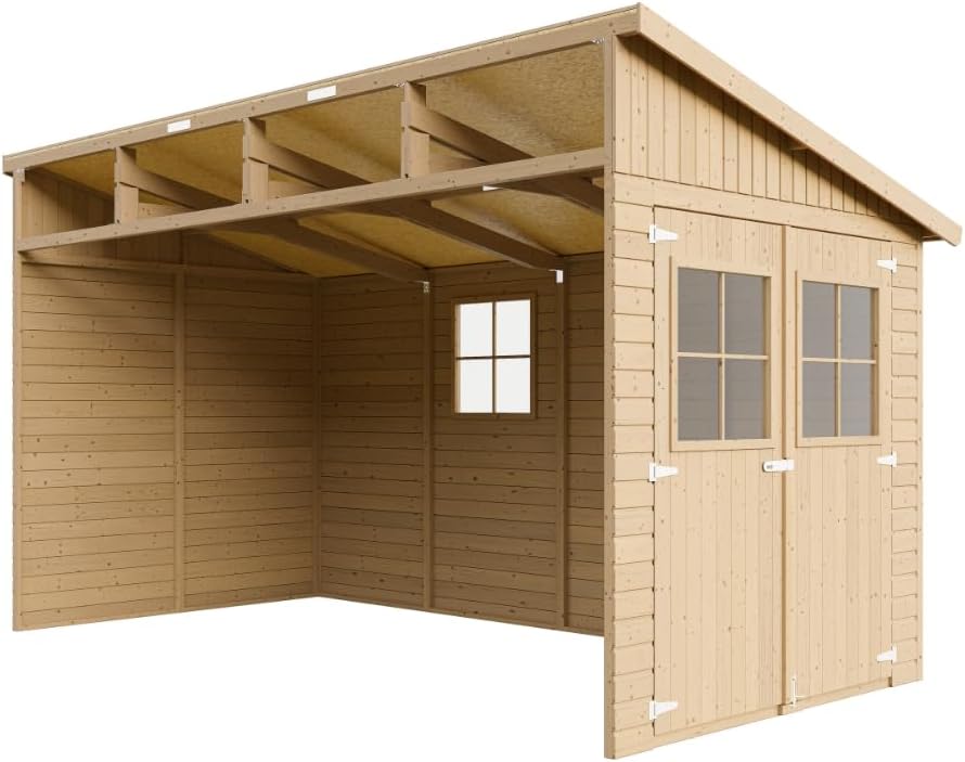 TIMBELA M340 Abri de Jardin en Bois Naturel (sans paroi latérale)- Stockage extérieur avec fenêtres- H243x216x416 cm/8 m2, Hangar en Bois Naturel - Atelier Rangement Outils et vélos The Forest Stewardship Council