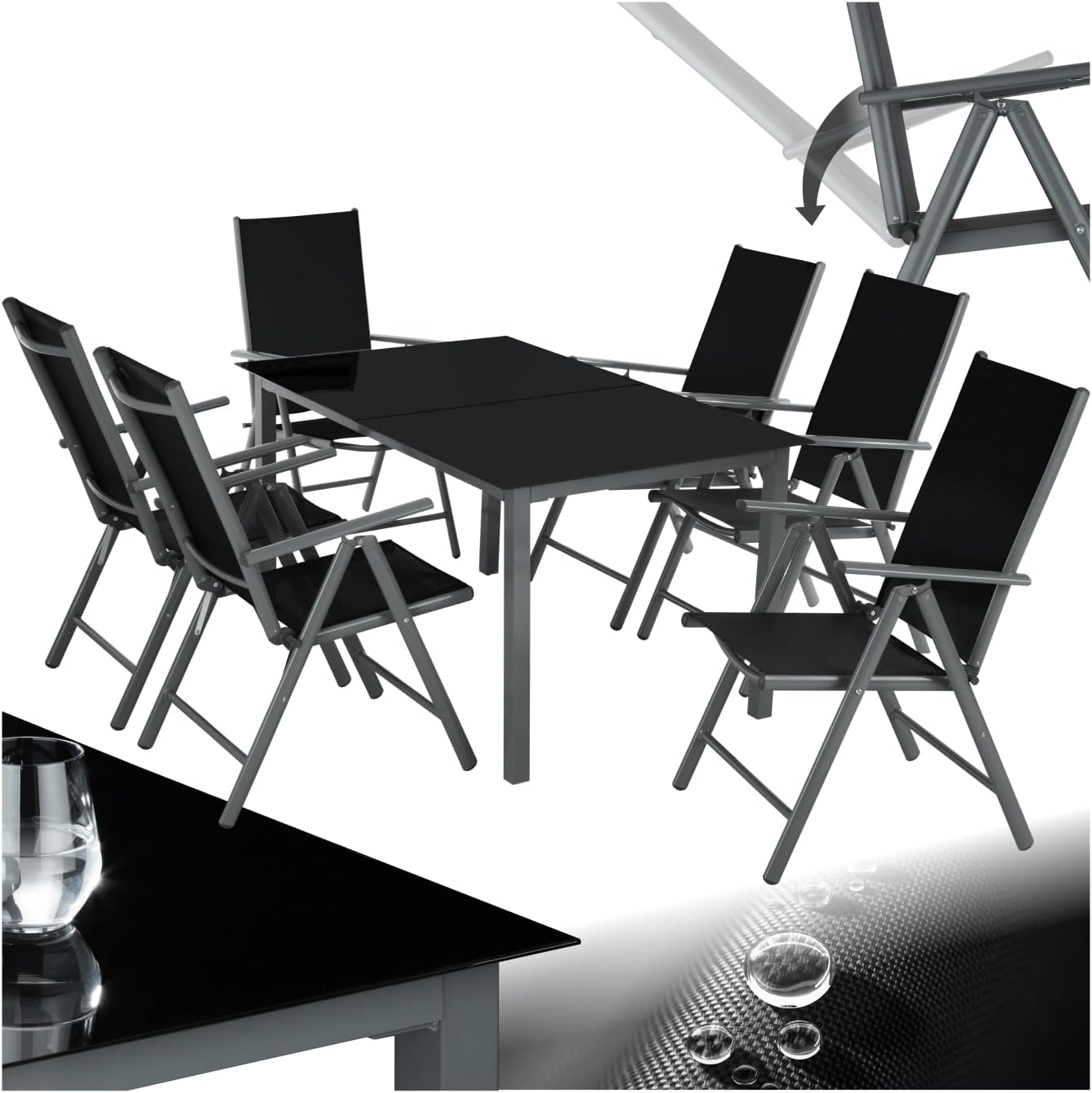 tectake - Salon de jardin aluminium, 6 fauteuils pliables, table - entretien facile, 220x90 cm