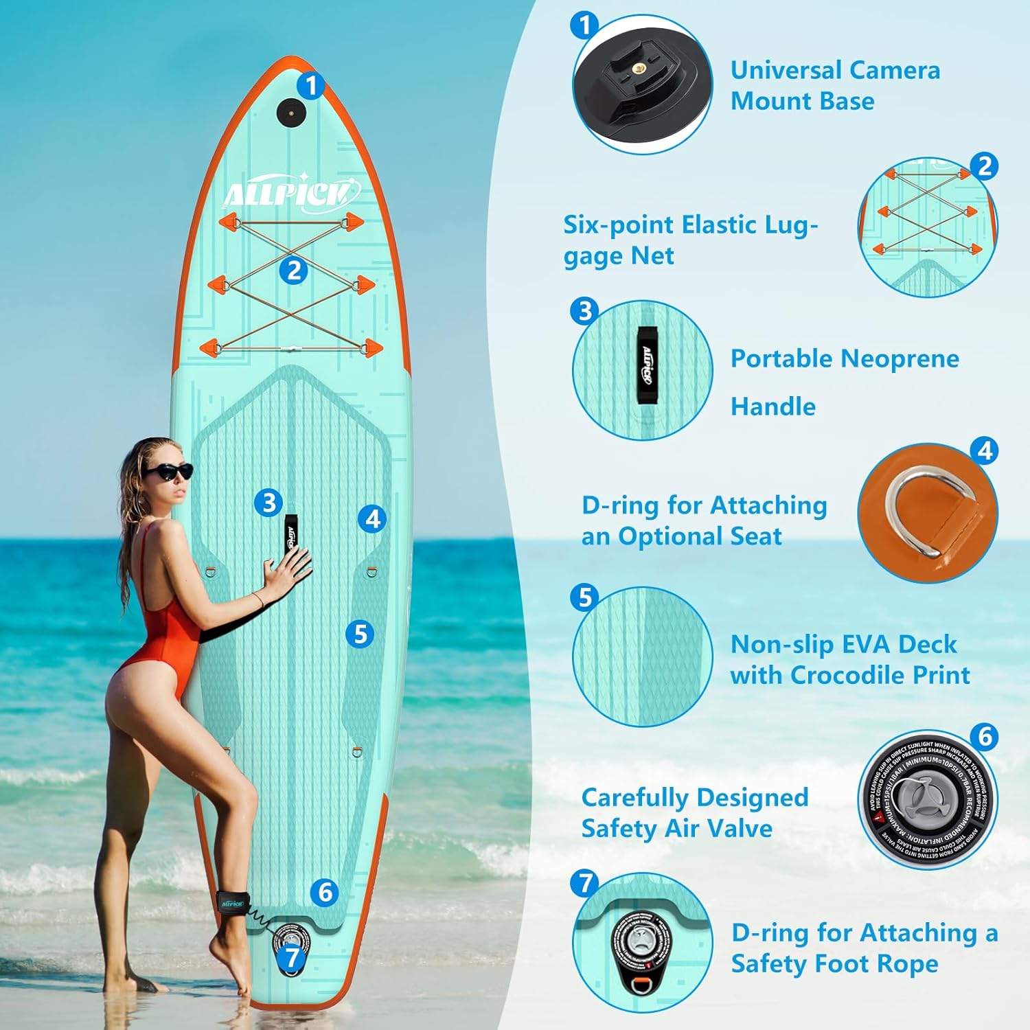 ALLPICK Paddle Gonflable, Kit de Padelsurf de Stand Up Paddle Sup Gonflable de 320 cm, avec Support Universel pour Caméra, Pagaie réglable, Débutants et confirmés, 200 kg