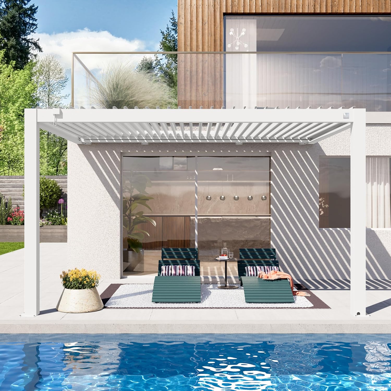 PRIMEYARD - Pergola adossée série Aluminium - 3x4 m - lames orientables, poteaux aluminium blancs