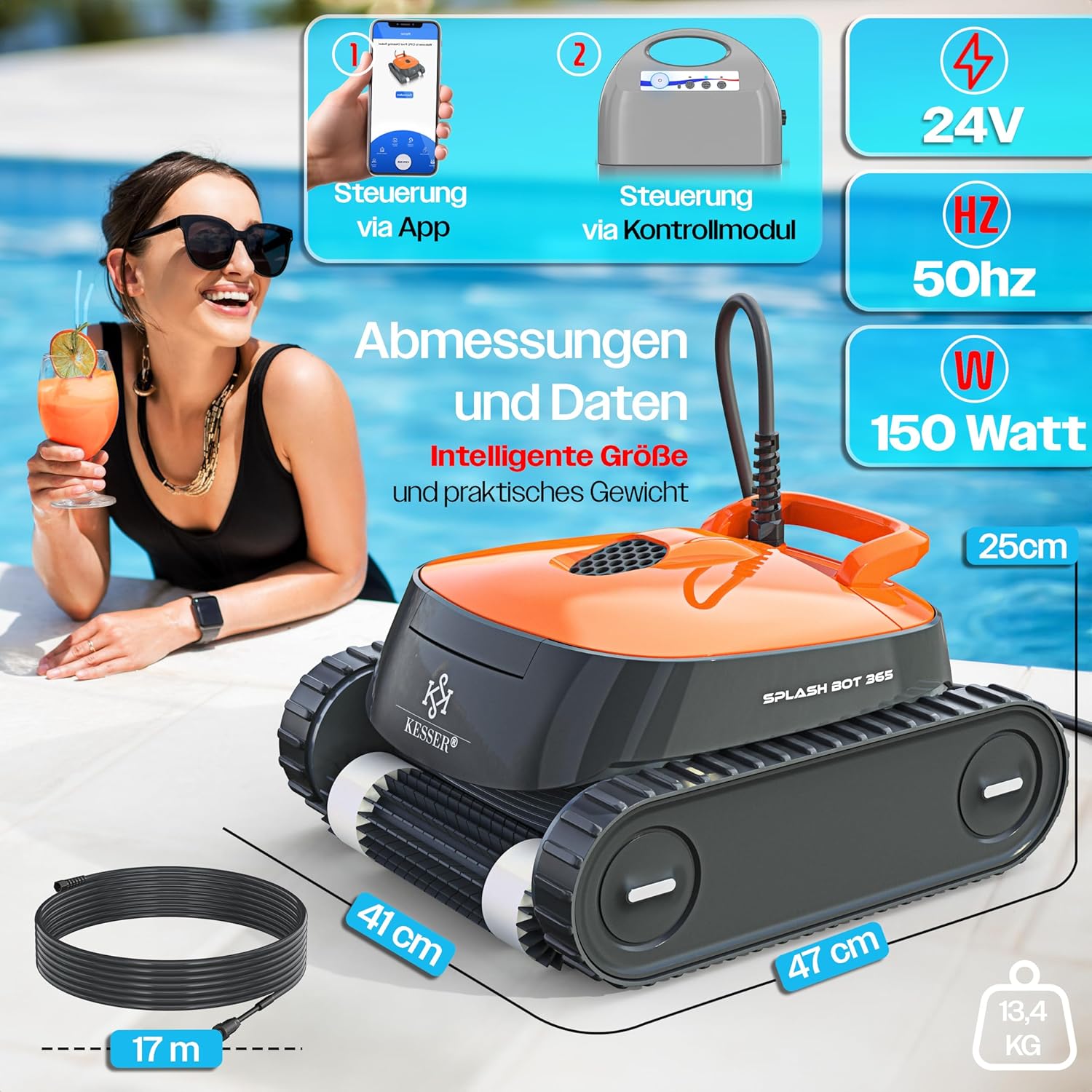 KESSER - robot piscine - jusqu'à 100 m² - nettoyage sol, mur et ligne d'eau, contrôle via appli