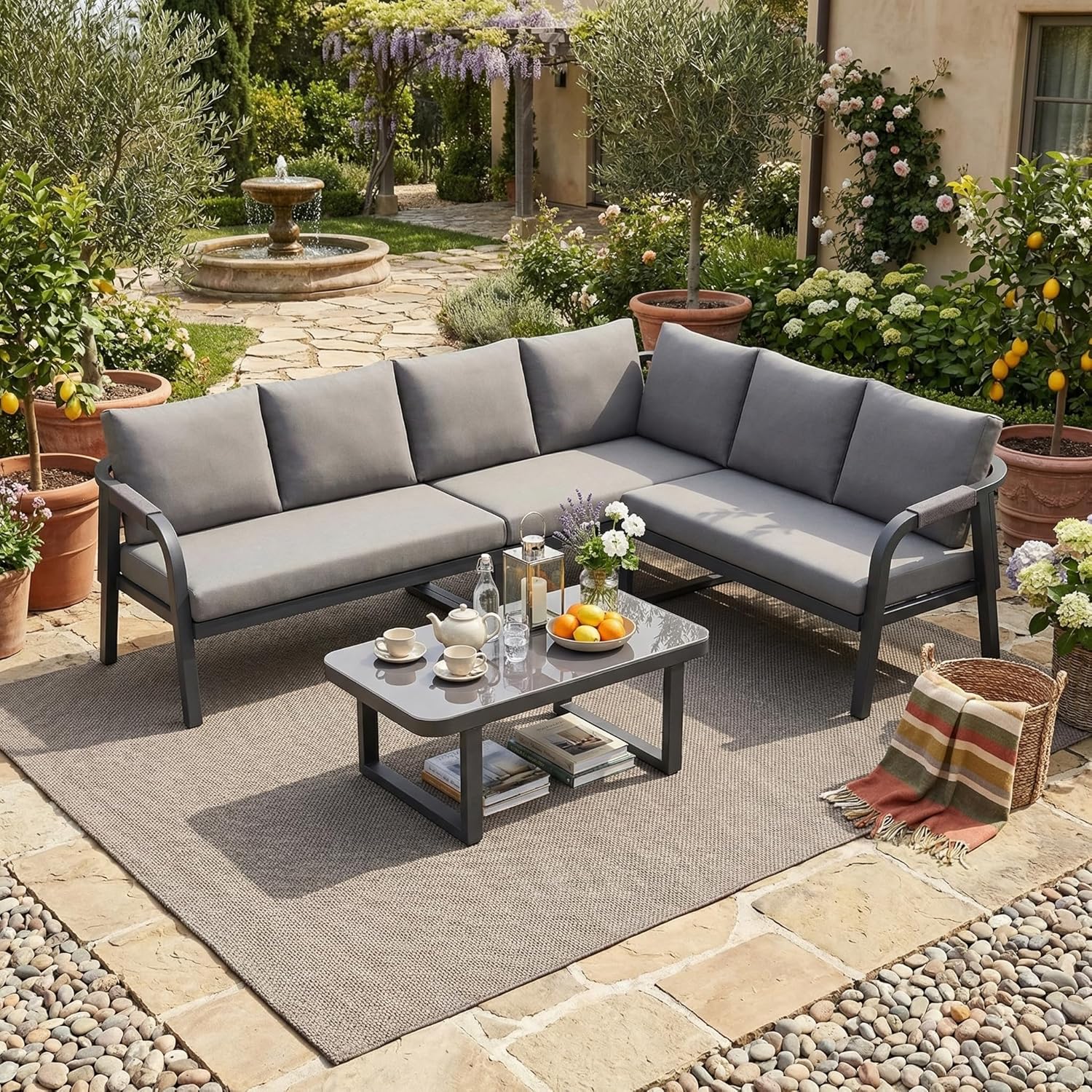Sapgaks - Salon de jardin extérieur 5-6 pers - acier galva, dossiers tressés, table basse, coussins - G-Gris