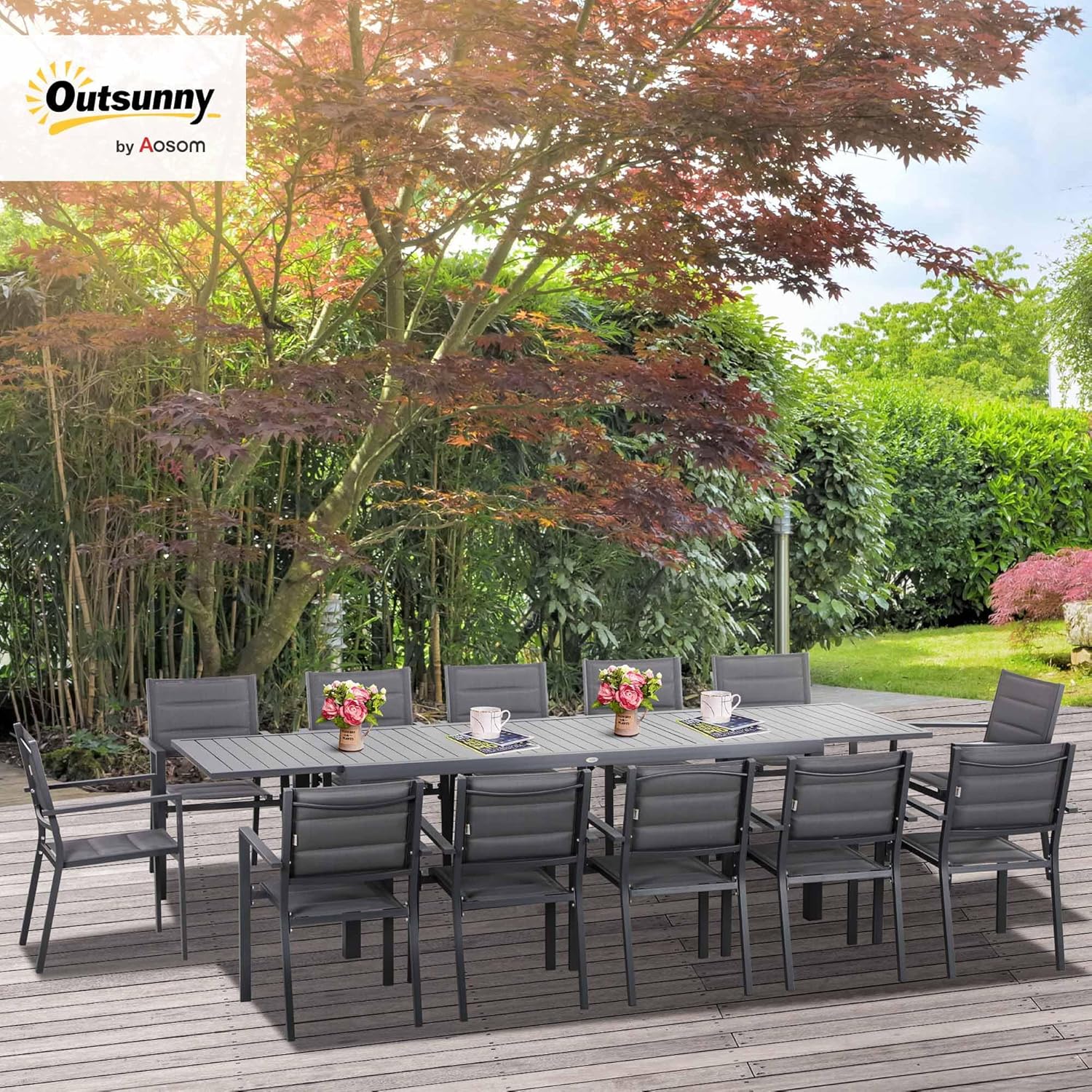 Outsunny - Salon de jardin alu textilène extensible - 200/300x90x75cm - 12 chaises empilables