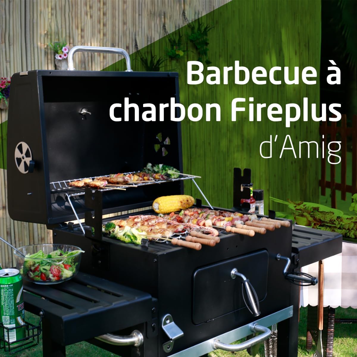Amig - Fireplus Barbecue - 116,5x13,1x56cm - charbon, roues, plateaux, ventilation