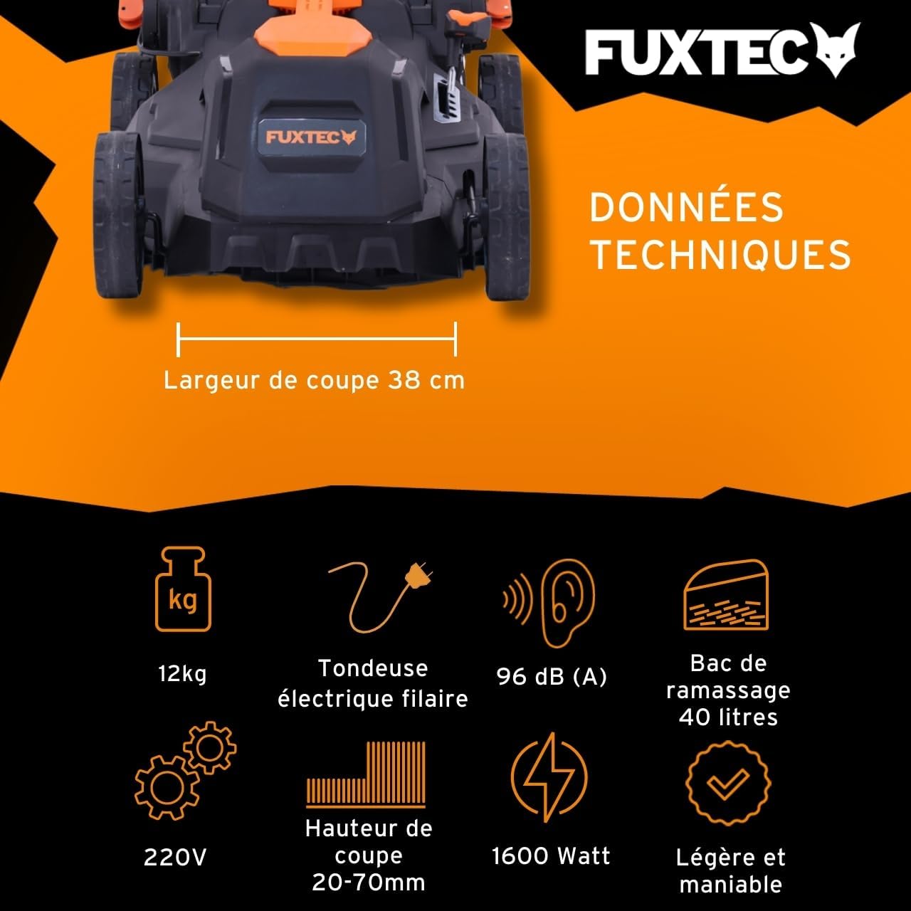 FUXTEC - FX-RME38 - tondeuse électrique filaire - 38cm, 1600W, 40L