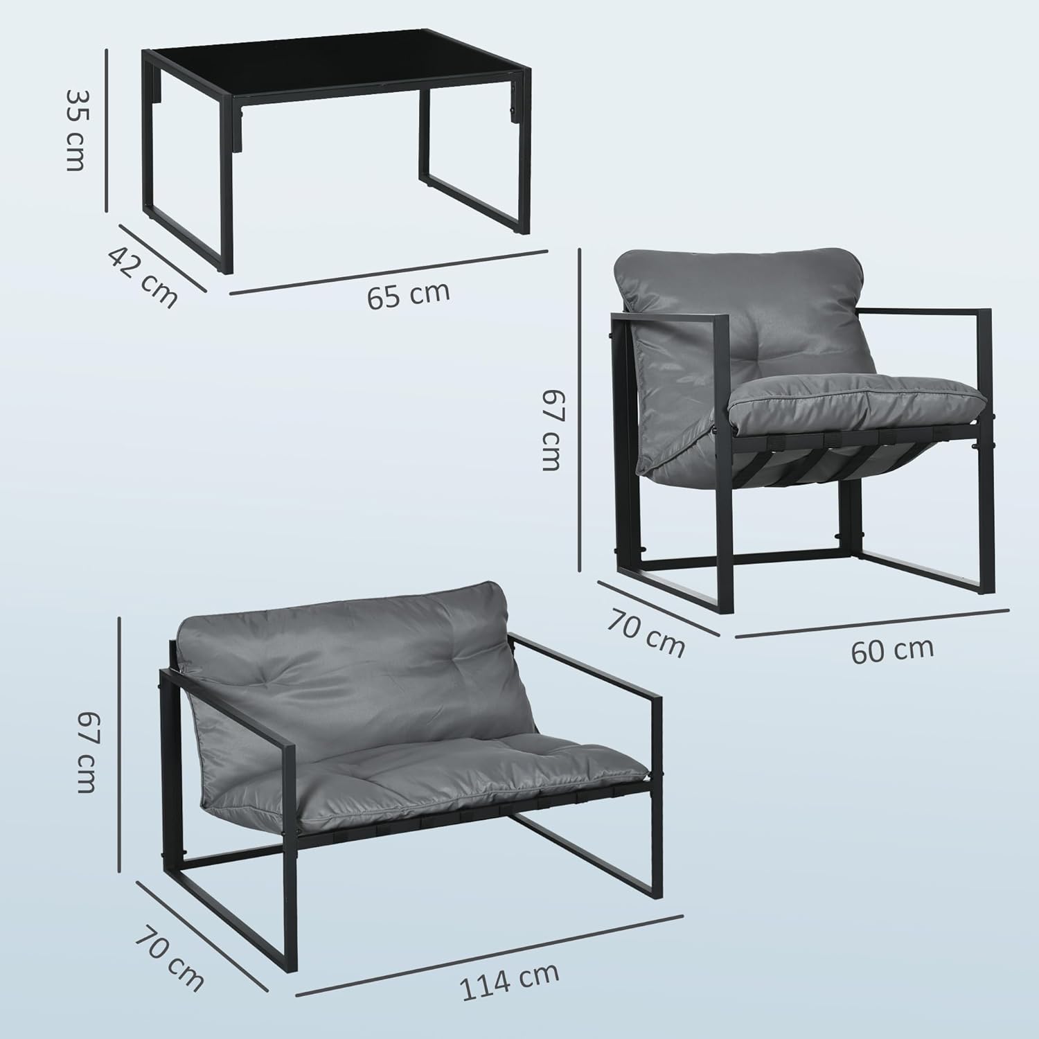 Outsunny - Salon bas 4 pièces - coussins 15cm, structure acier noir, canapé 2 places, table basse, fauteuils