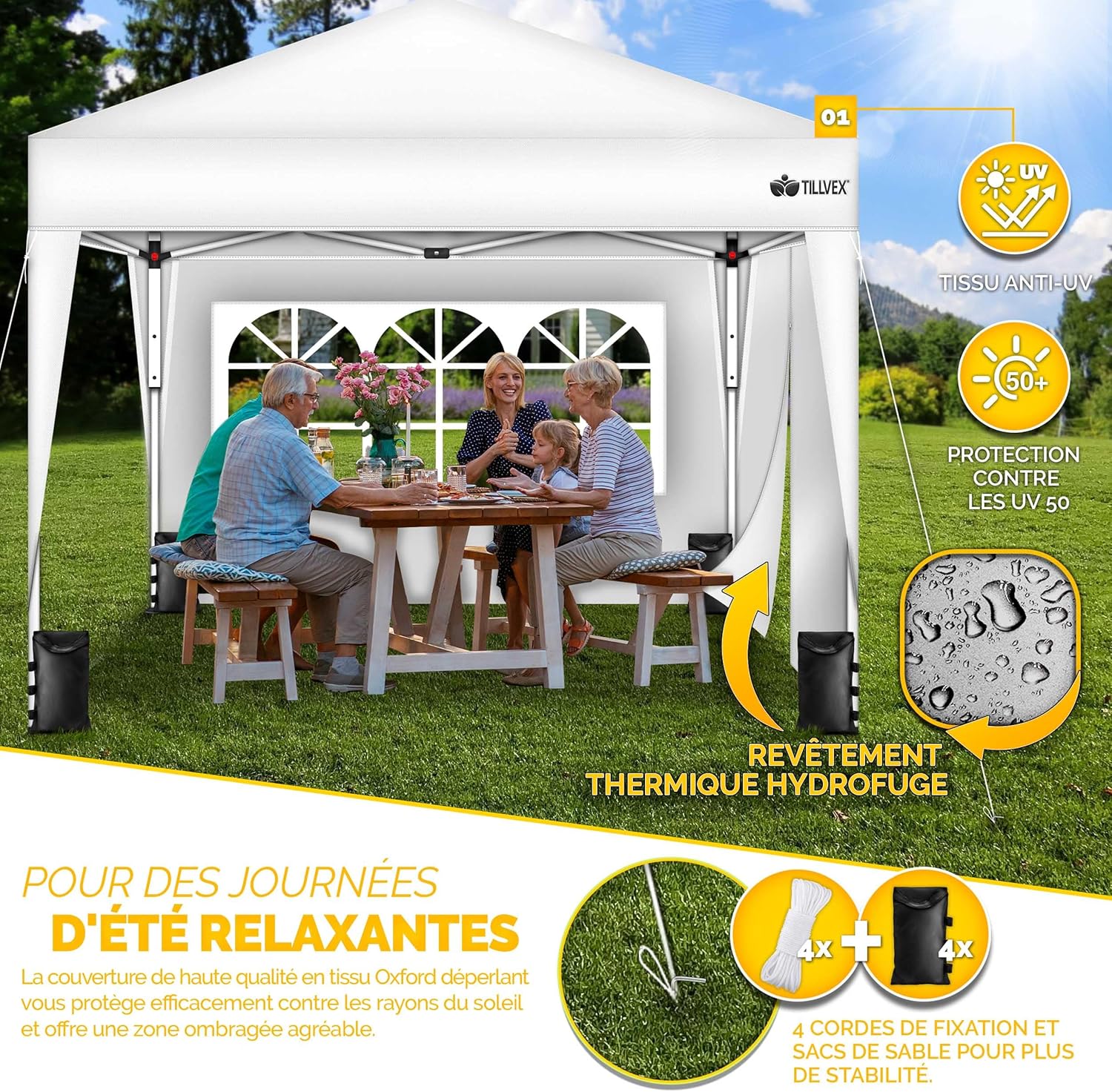 tillvex - Tonnelle pliante série Jardin - 3x3m - hauteur réglable, 2 côtés, UV50+, sac