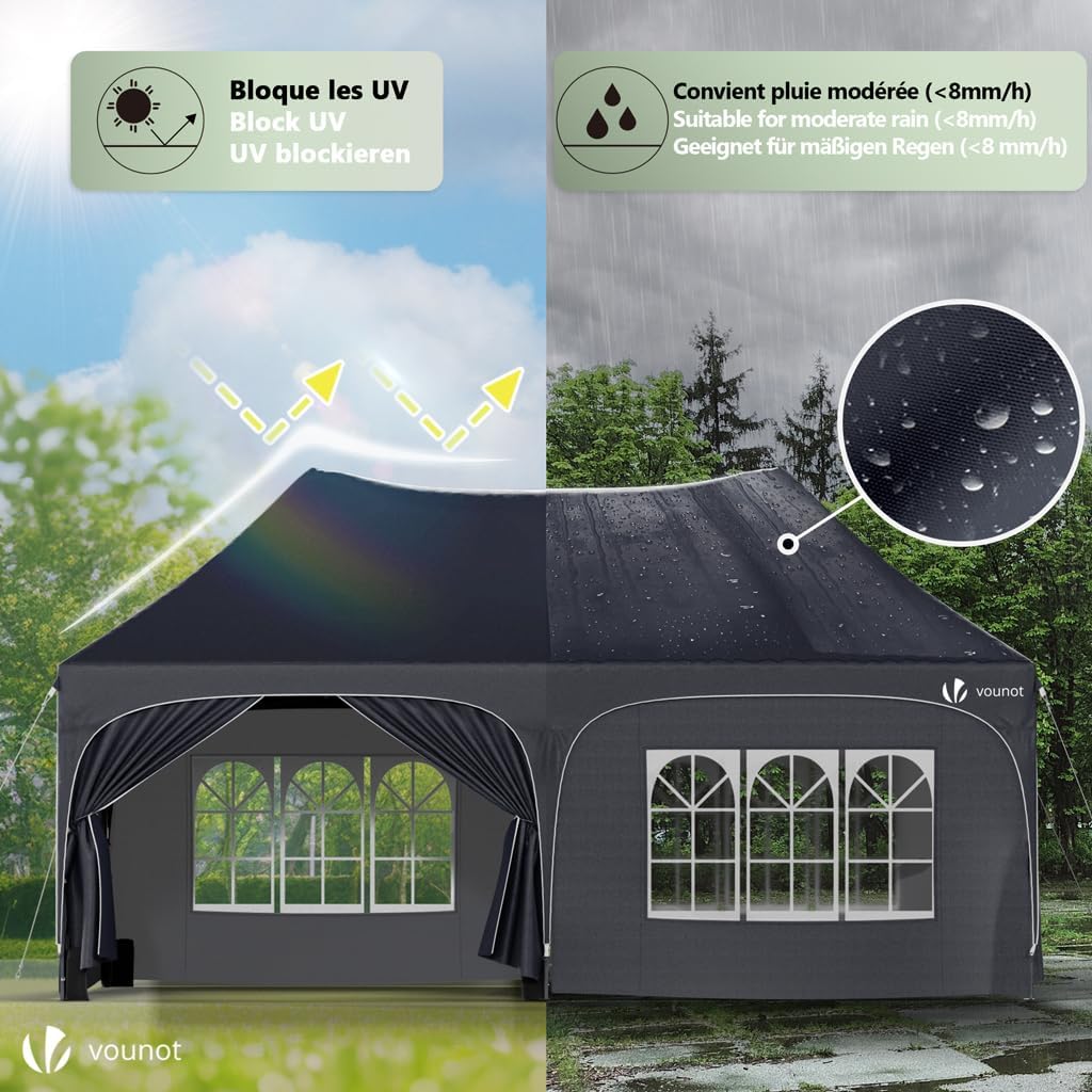 VOUNOT - Barnum pliant 3x6m - 6 parois amovibles, sacs de sable, imperméable, anti-UV, gris