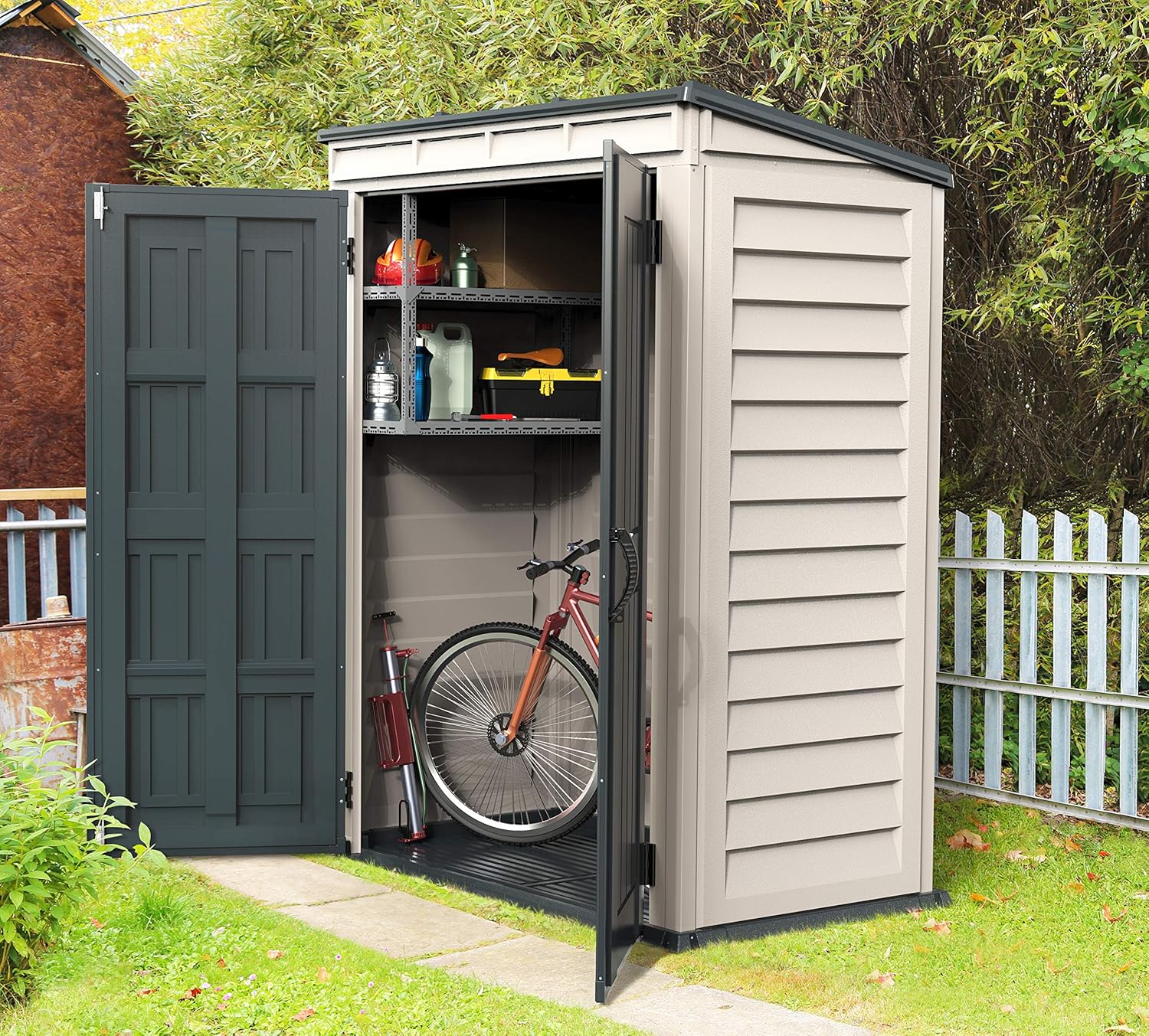 Duramax - YardMate Pent Roof PLUS - 5x3 - abri de jardin plastique, plancher inclus, toit métal, ignifuge, sans entretie