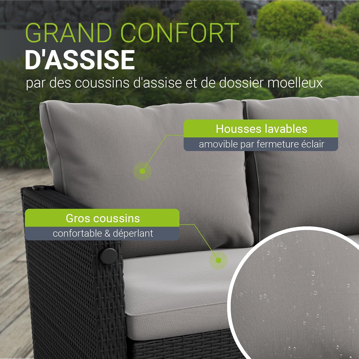 Juskys - Jamaika 2 en 1 - table, banc, 2 tabourets, coussins lavables, noir gris, jusqu'à 4 personnes