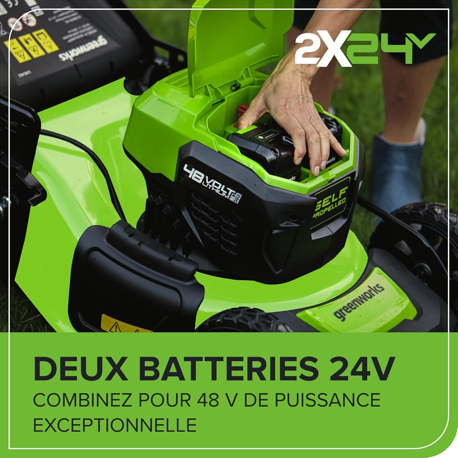 Greenworks 48V (24V x 2) Tondeuse à Gazon Sans Fil Autopropulsée Pelouses Jusqu'à 480m², Largeur de Coupe 46cm, Sac 55L, INCLUS 2 X 24V 4Ah et Chargeur Double, Garantie 3 Ans , GD24X2LM46SPK4X
