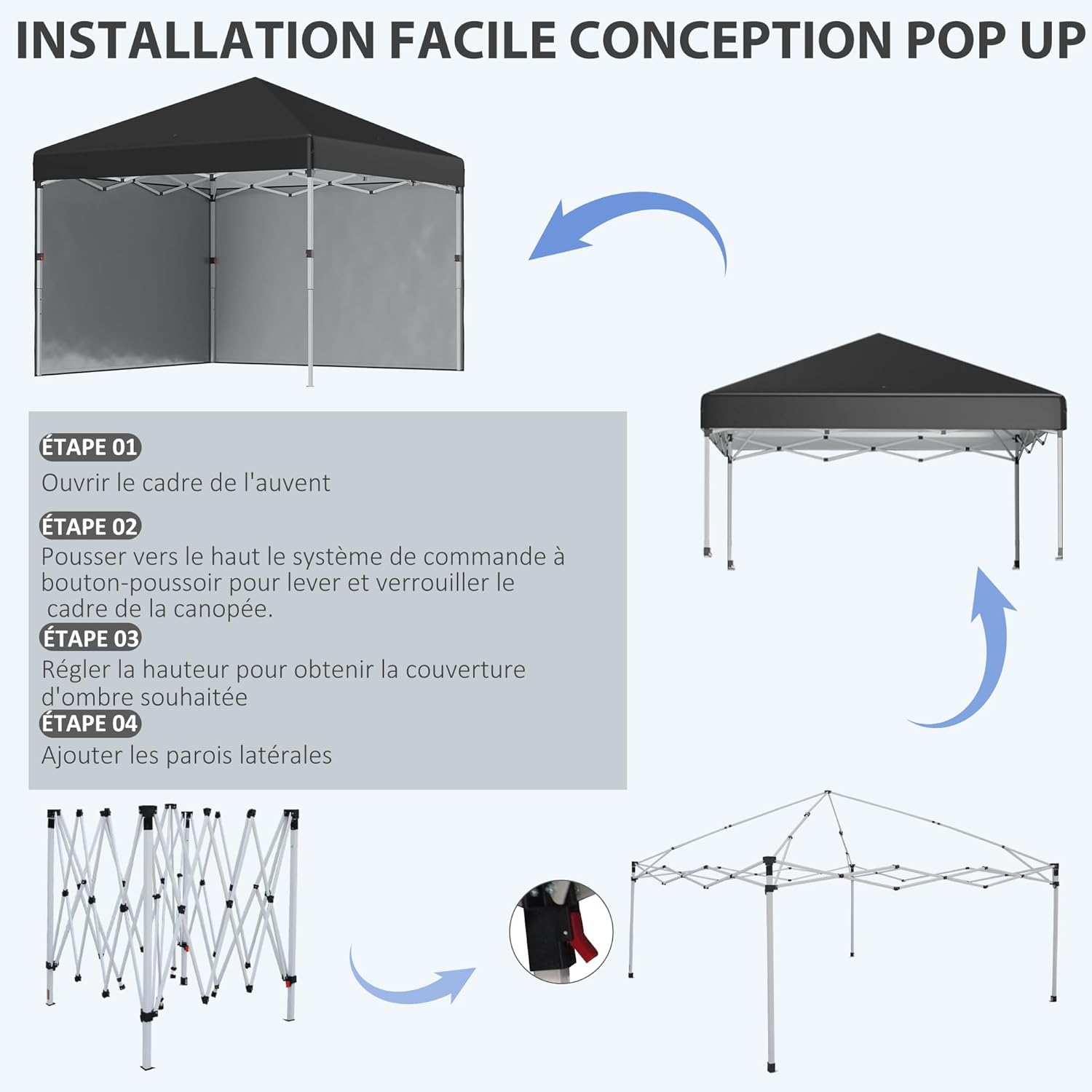 Outsunny - tonnelle pop-up réglable - 297x297x288 cm - UV 30+ 2 parois