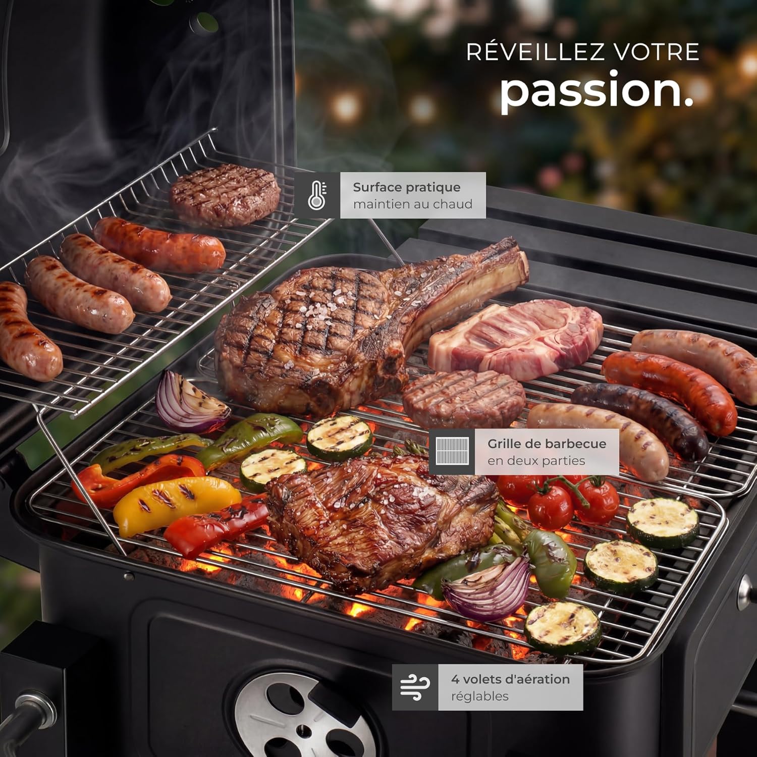 tectake - Barbecue charbon série - 110x64x104 cm, tiroir cendres, hauteur réglable