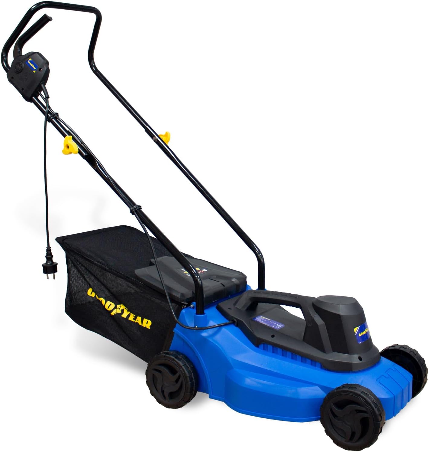 Goodyear - Tondeuse à Gazon électrique 1200W, Largeur de Coupe 32 cm, Hauteur réglable 25/45/65 mm, Sac 35L, Moteur 3300 TR/Min, légère et compacte, Non automotrice, idéale pour Les Petits Jardins