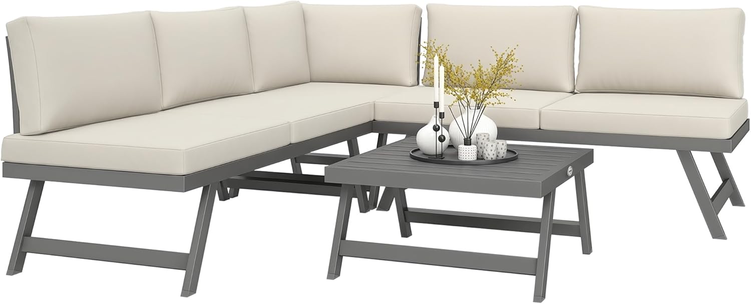 Outsunny - salon de jardin d'angle convertible 4 pcs - alu et acier, coussins, beige