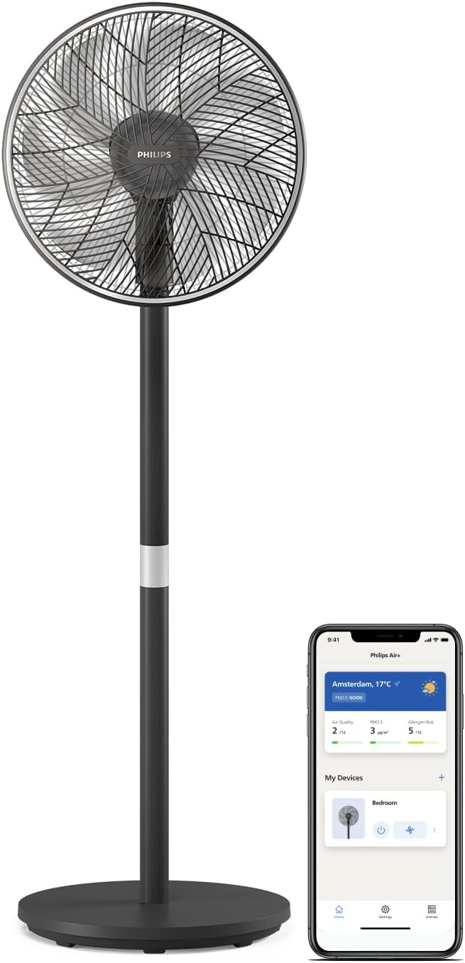 Philips Ventilateur sur pied Série 3000. Puissant et ultra-silencieux. Technologie SilentWings. 19 dB. Ventilateur de Table/sur Pied. Inclinable et Rotatif. Contrôle par App. Noir (CX3550/01)