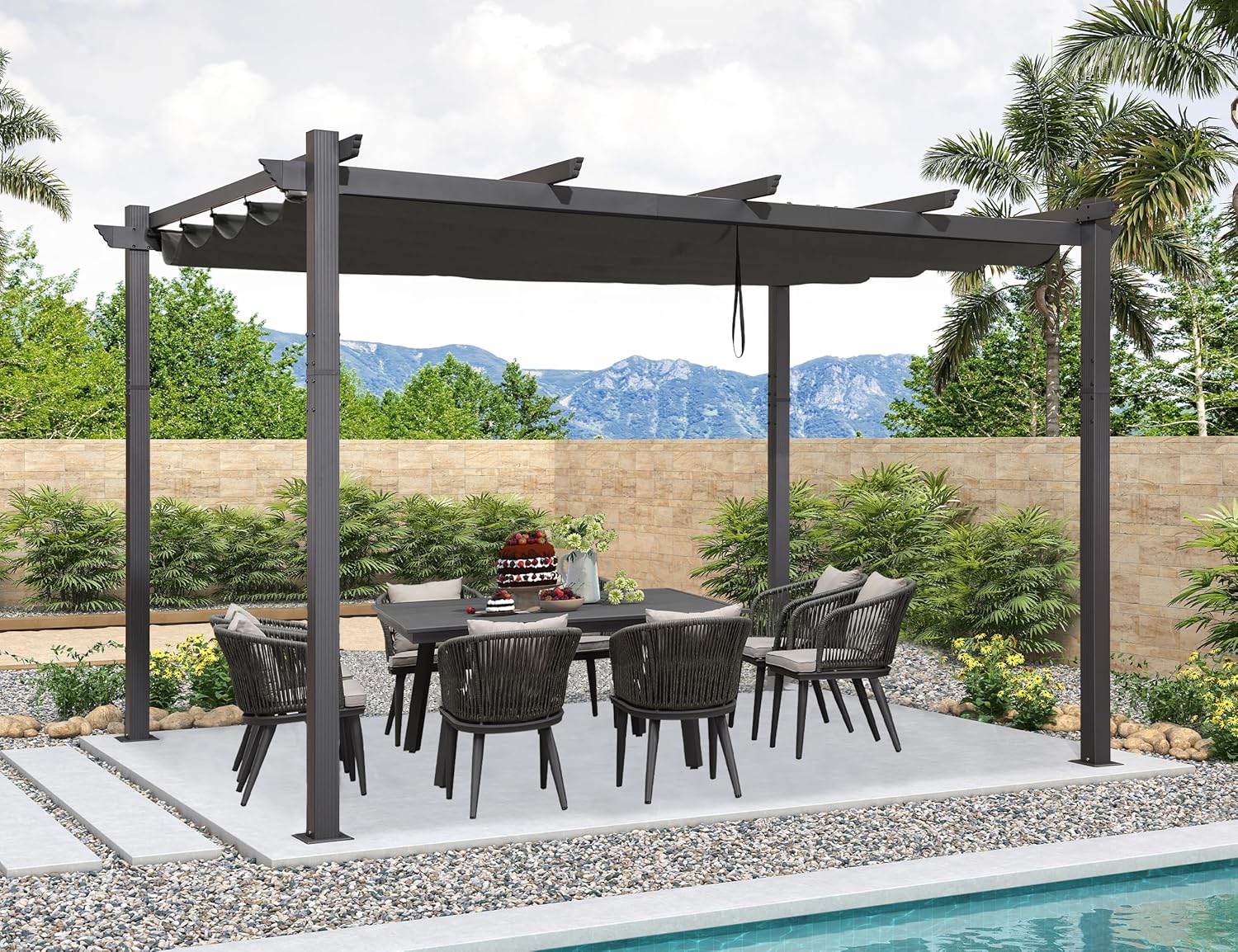 PURPLE LEAF - pergola aluminium - 4x3m - toit coulissant, tissu teint