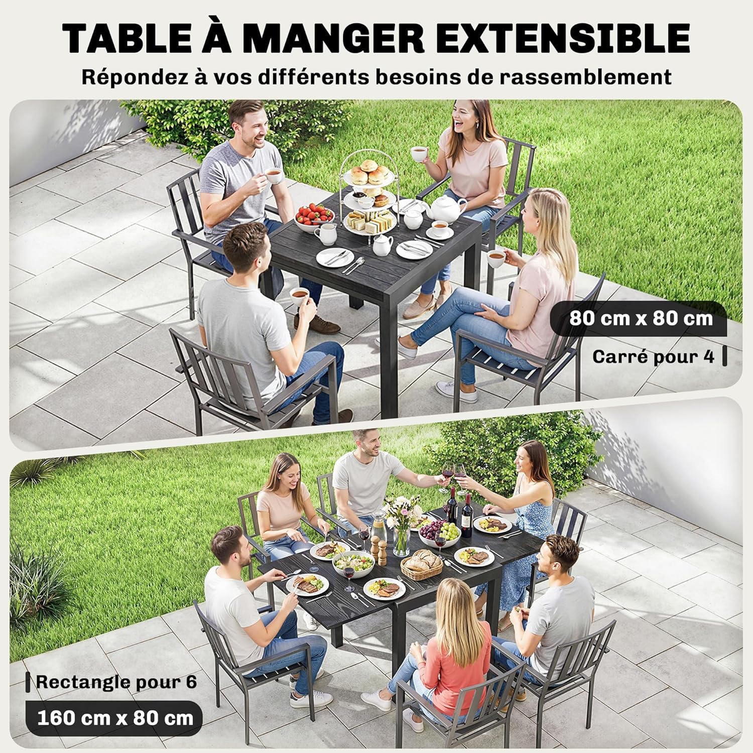 Outsunny - table extensible - 80-160cm - aluminium effet bois, 4-6 pers.