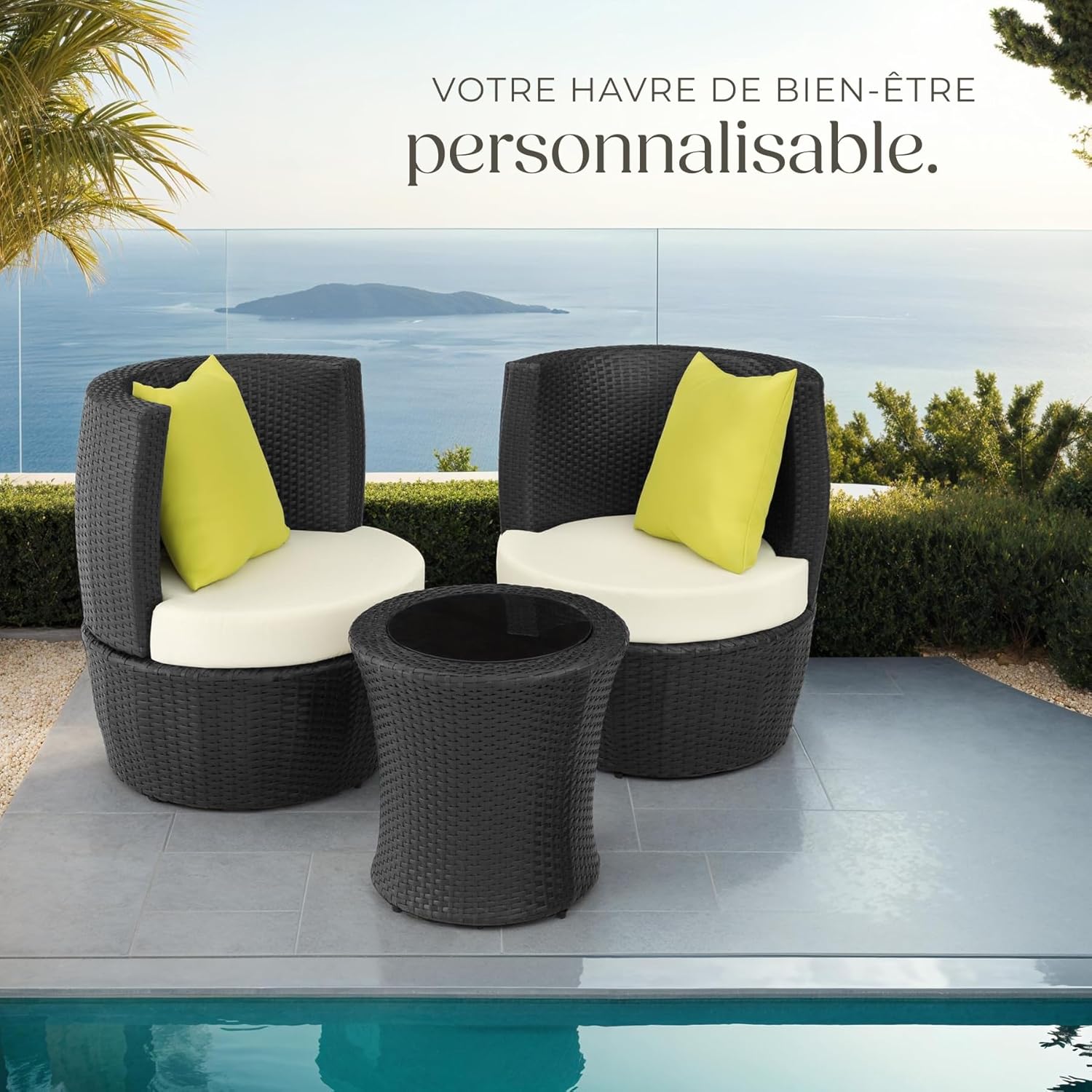 tectake - Salon de jardin 2 places - alu & rotin, table, coussins, pot
