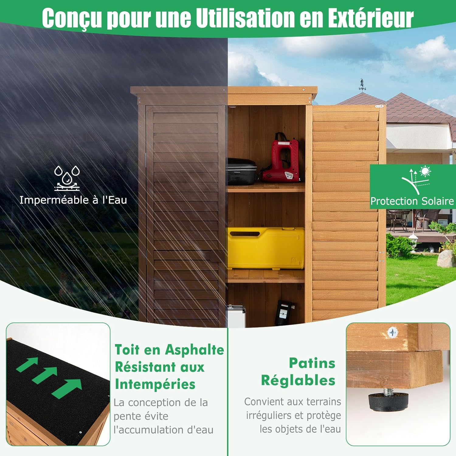 RELAX4LIFE - armoire de jardin bois 82x42x160cm, 3 étagères, toit asphalte