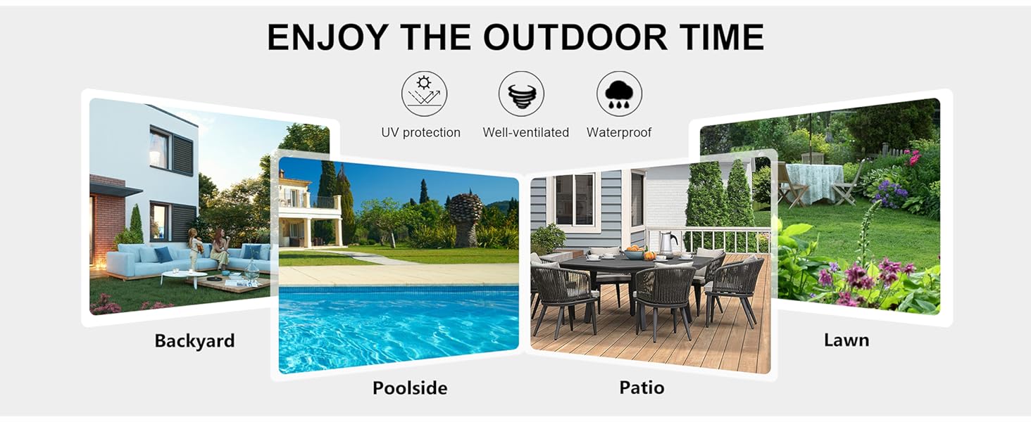 mettant en valeur la cour arrière, le bord de la piscine, la terrasse et la pelouse. Le texte indique « PROFITEZ DU TEMPS EN PLEIN AIR » avec des icônes pour la protection UV, la résistance à l'eau
