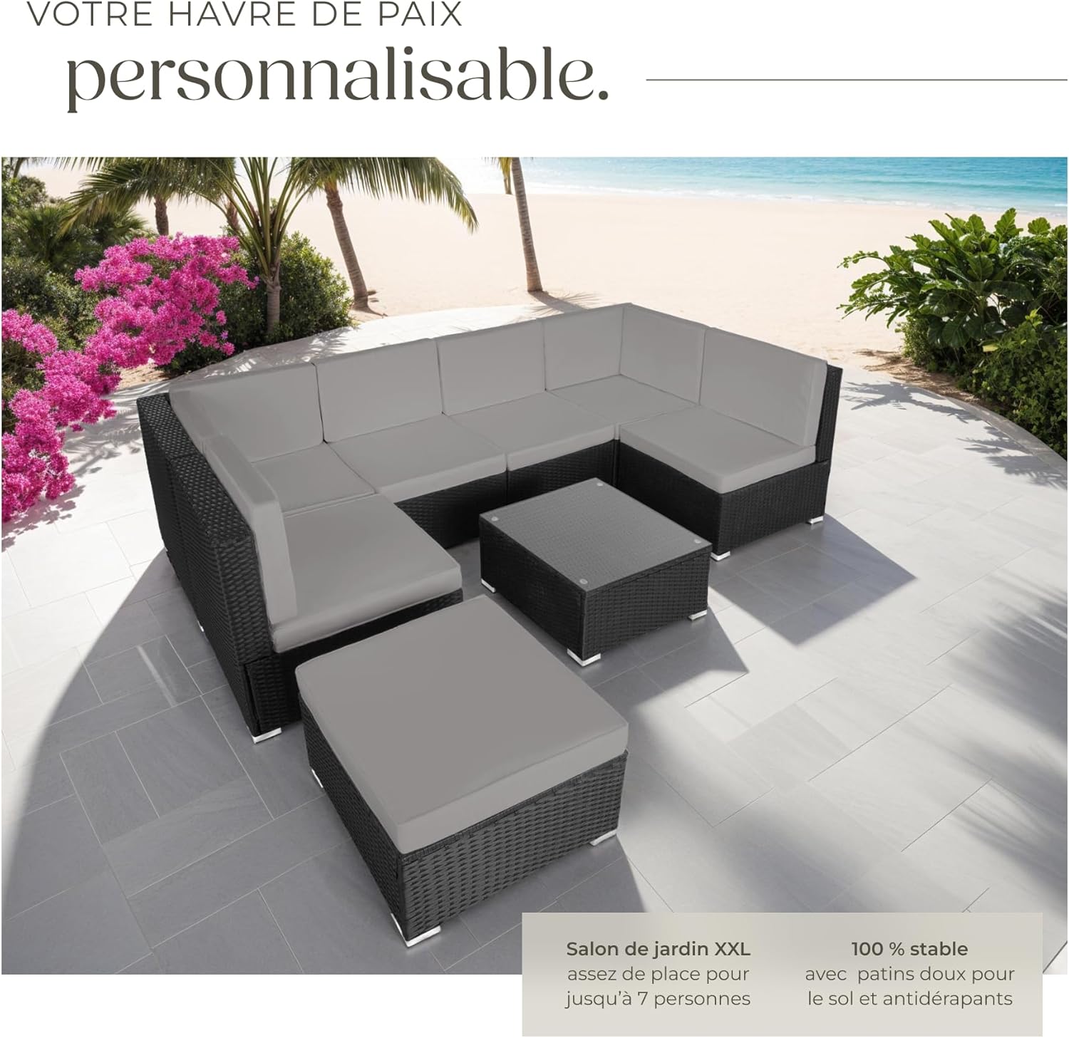 tectake - Salon de Jardin modulable 6 places, confort rotin, table + pouf, noir/gris