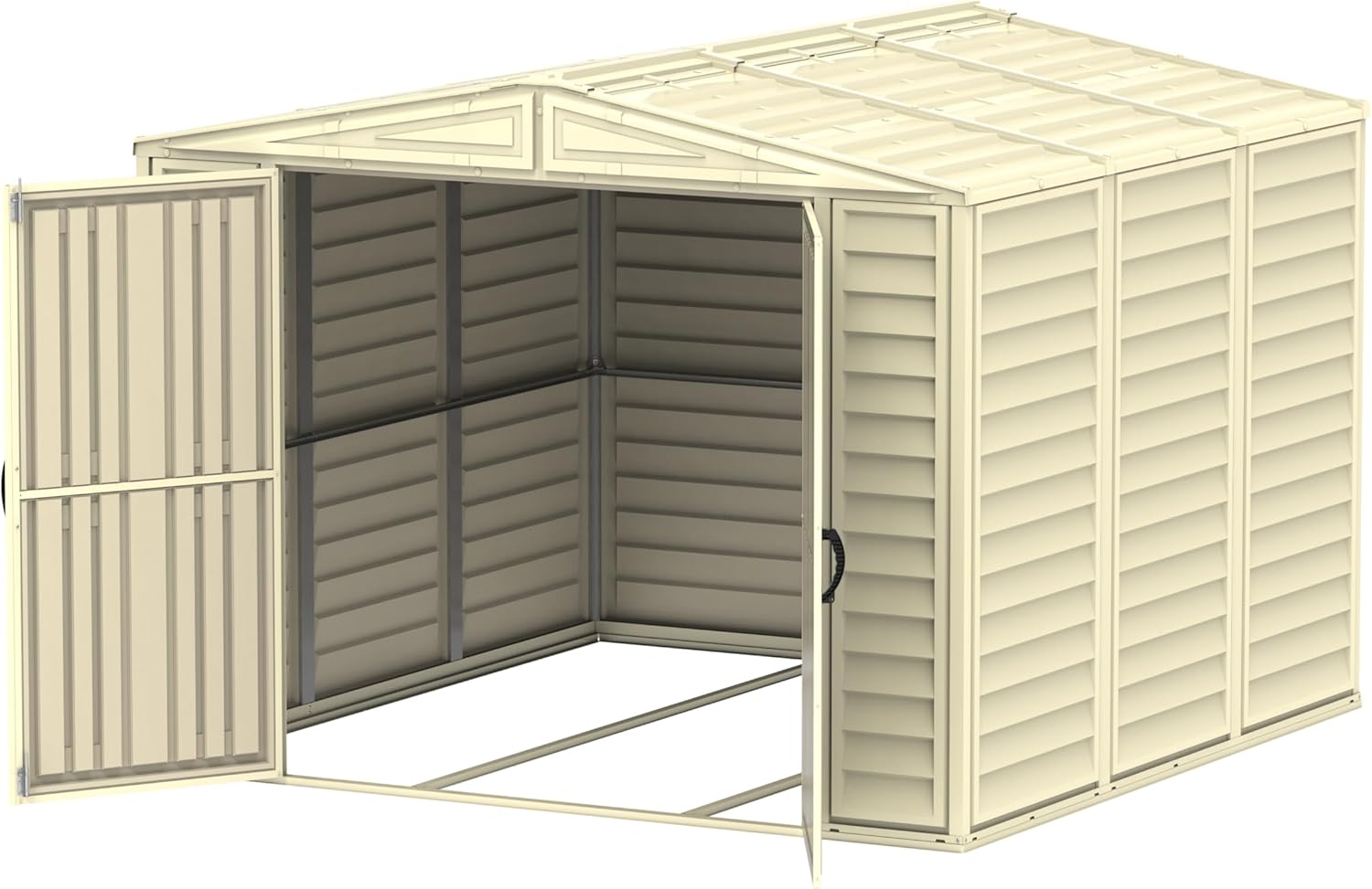 Duramax DuraMate 8 x 8 (5.75 m²) Abri de jardin en plastique avec kit de fondation en métal, structure de toit en métal robuste, abri en vinyle sans entretien - Ivoire