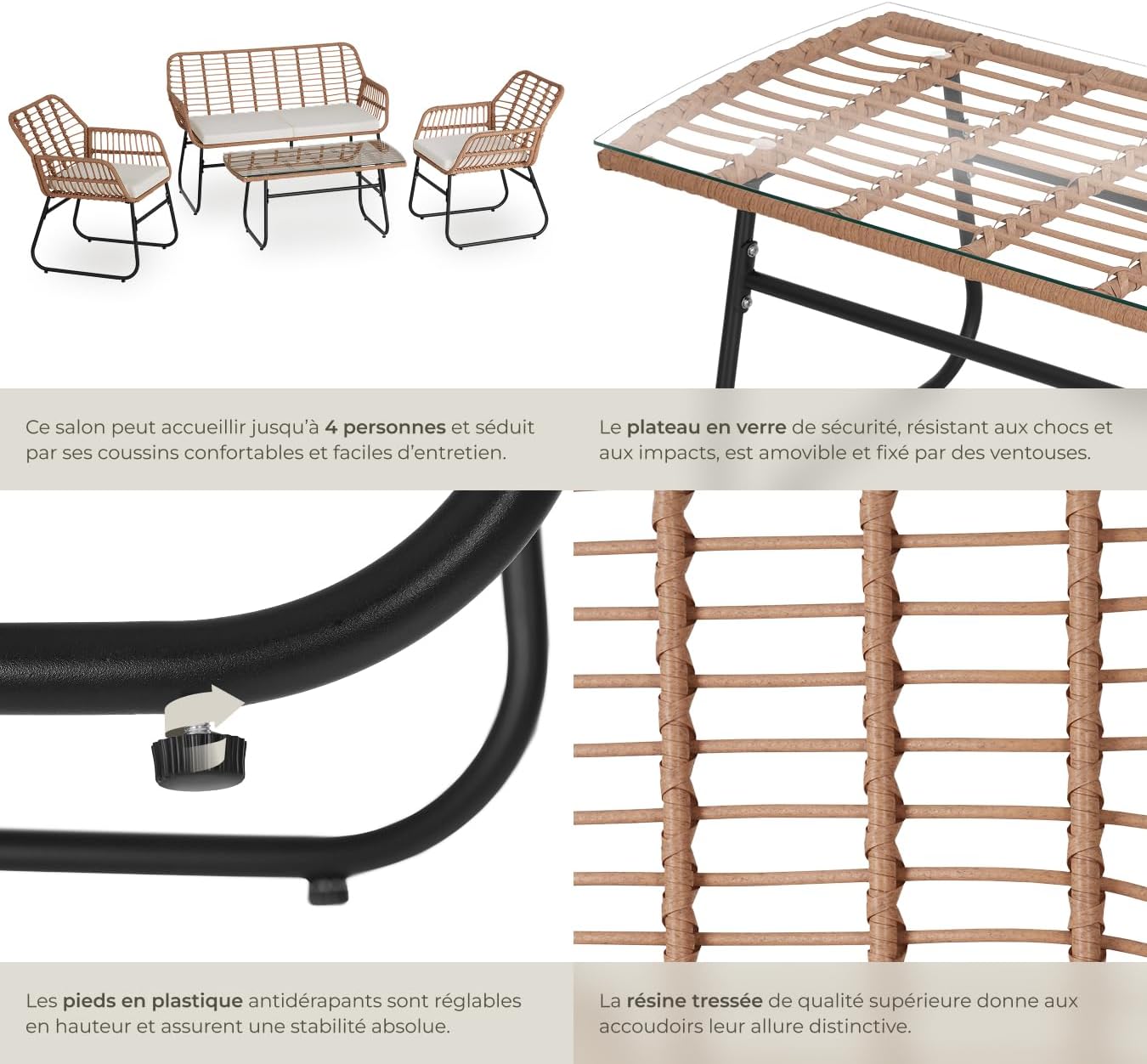 tectake - salon de jardin poly rotin 4 pcs, coussins, plateau verre 401206