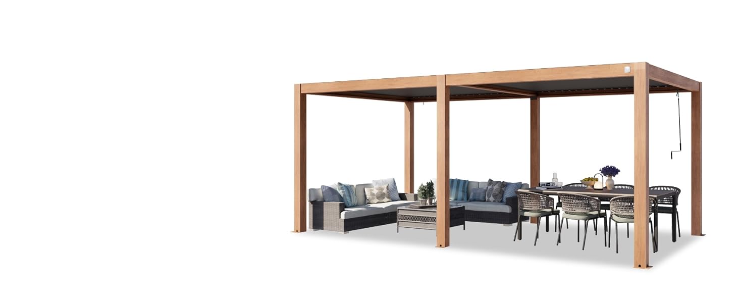 Pergola extérieure moderne avec structure à ossature en bois, avec sièges sectionnels intégrés et coin repas avec coussins gris