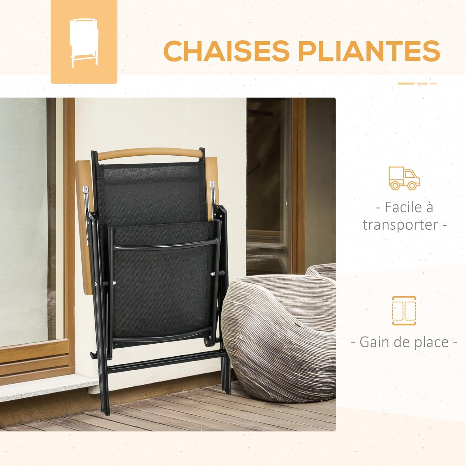 Outsunny - Salon de jardin aluminium 190 cm, 6 chaises pliables inclinables, bois naturel