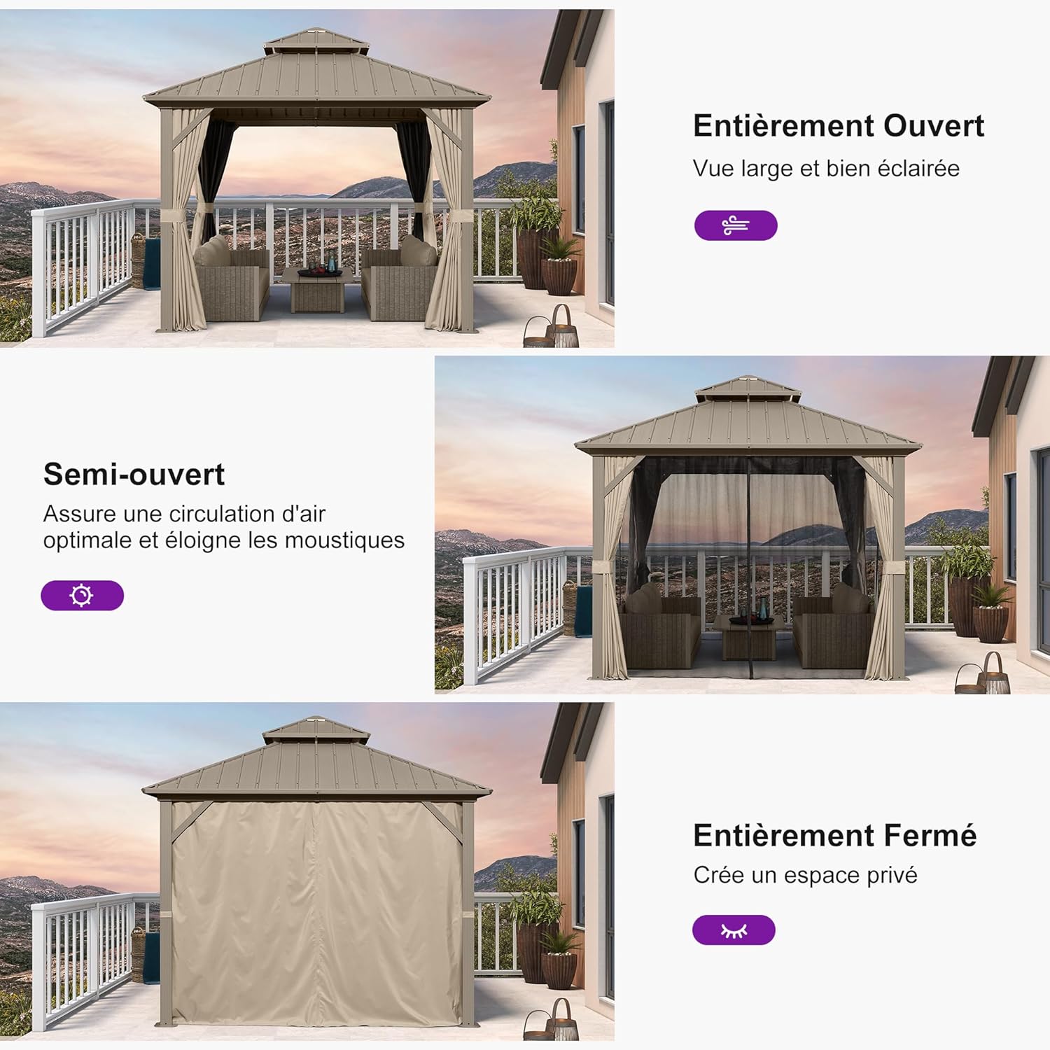 PURPLE LEAF - tonnelle aluminium - 3x3m - double toit, moustiquaire, rideaux