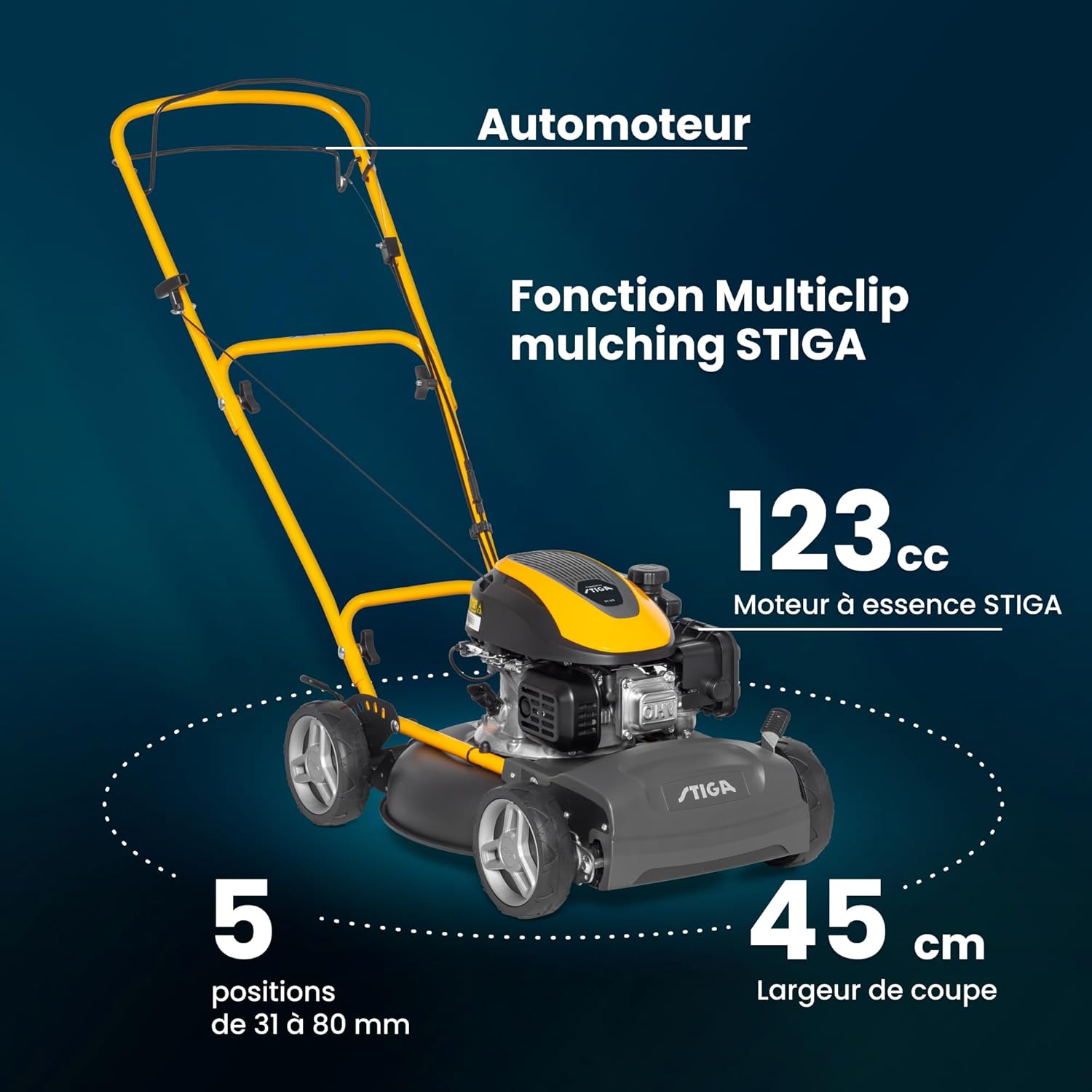 STIGA Multiclip 47 S Tondeuse à Essence, Tondeuse à Gazon broyeuse automotrice avec Moteur 123 CC, Plateau de Coupe 45 cm, 5 tondeuses Thermiques, Guidon Ergonomique Rabattable.