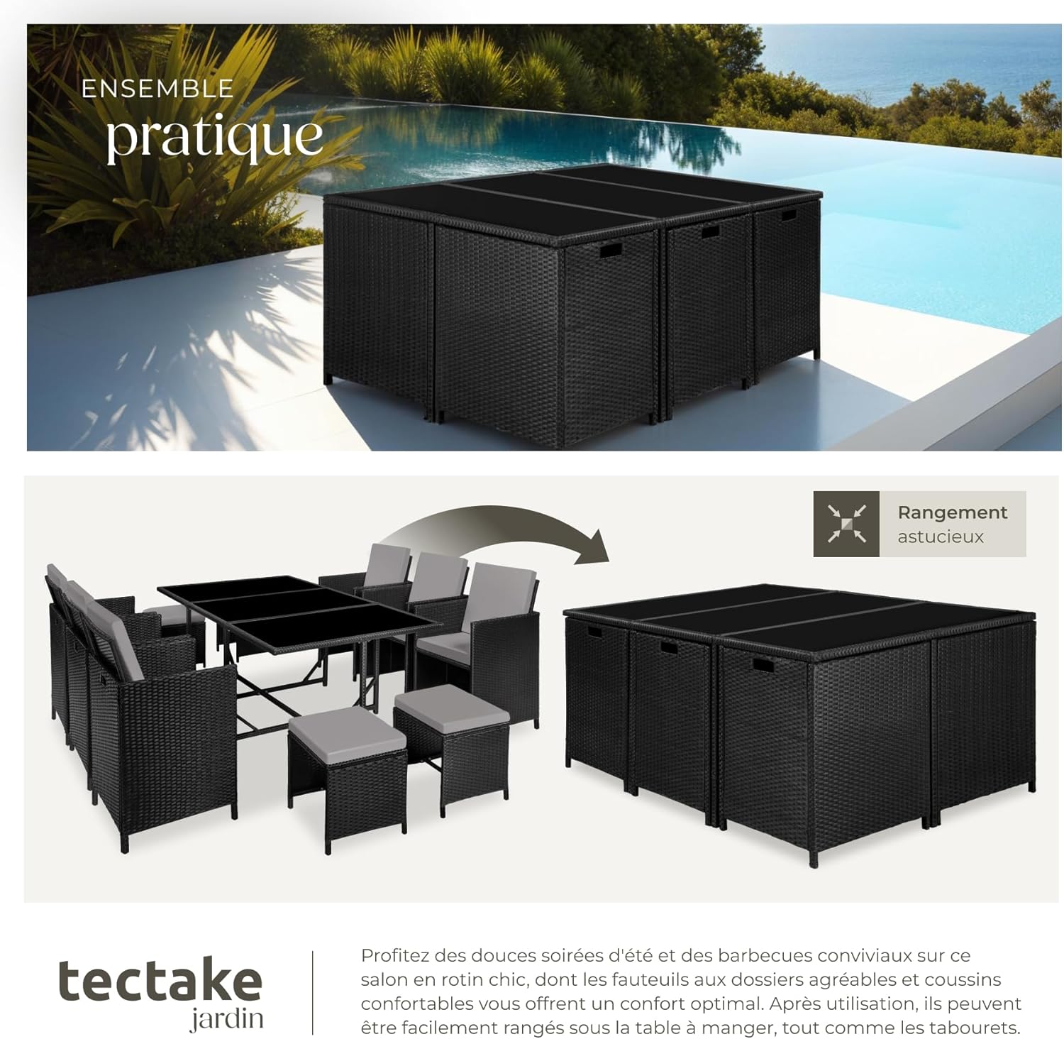 tectake - Salon de jardin polyrotin 10 pers, 6 fauteuils, 4 poufs, housse