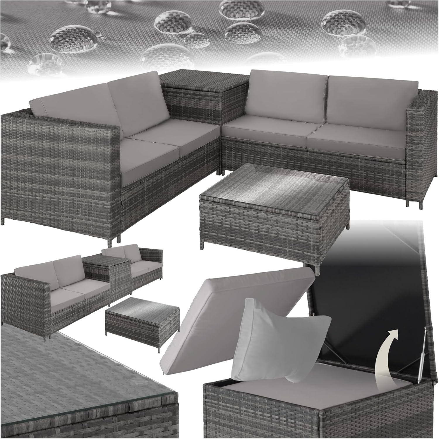tectake - salon de jardin poly rotin 4 places, canapés modulables, table verre, coffre rangement