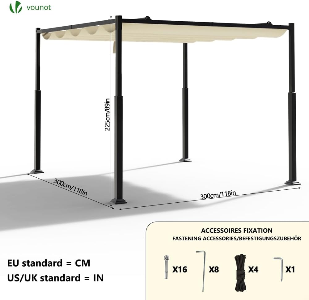 VOUNOT - pergola rétractable 3x3m - métal polyester HD - beige foncé