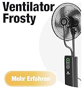 Le texte se lit comme suit : « Ventilator Frosty » et « Mehr Erfahren ». L'image du produit montre un ventilateur sur pied noir avec affichage numérique et panneau de commande.