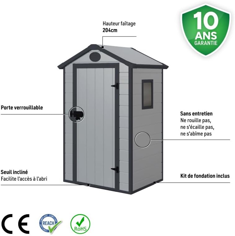 Jôbu - abri de jardin résine double pente 1,34m², kit fondation